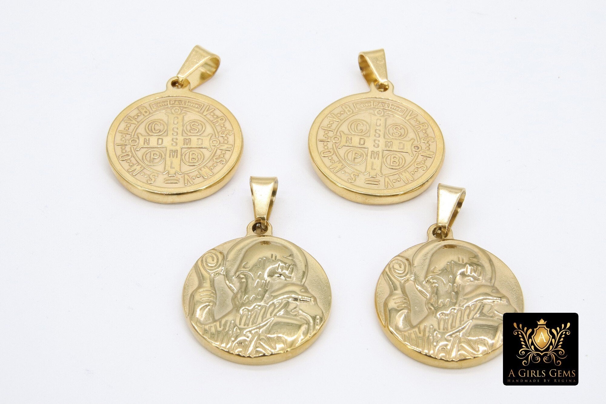 Gold St. Benito Pendants, 25 mm St. Benedict Rosary Necklace #3149, Steel Round Medallion Cross Charm Medals