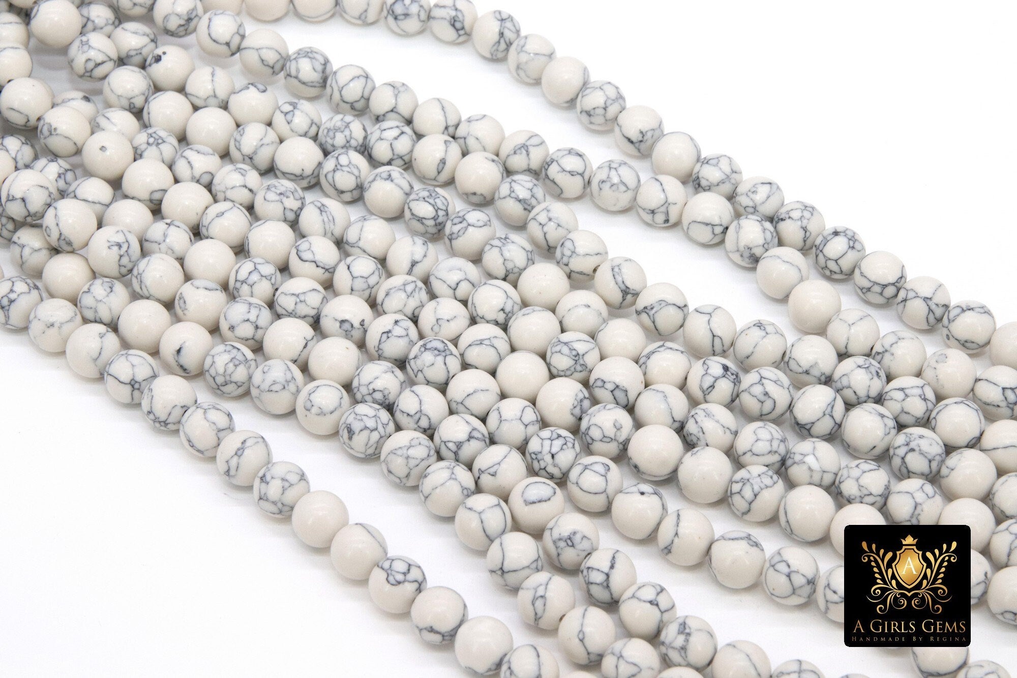 White Turquoise Beads, Smooth Round White Black Gray Howlite Beads BS #161, sizes in 8 mm 15.75 inch Strands