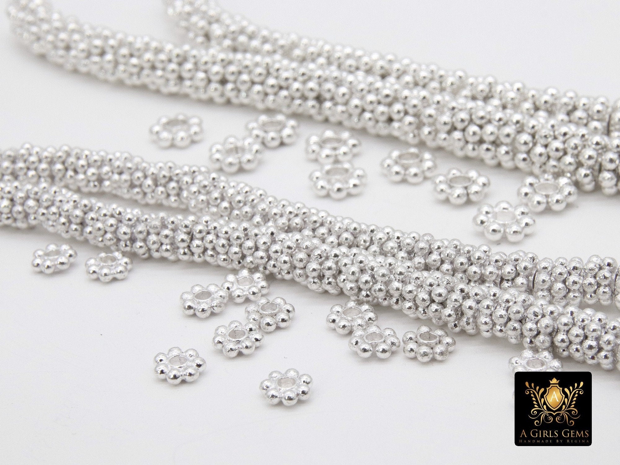 Silver Petal Spacer Beads, 20-125 pcs Round Brushed Bright Silver Daisy Discs #2902, Flower Bumpy Rondelle
