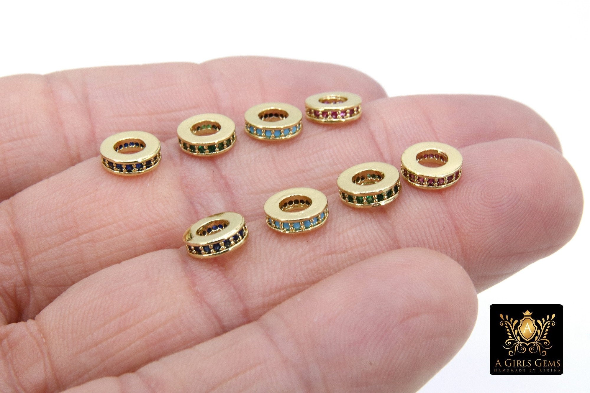 Gold Spacer Beads, CZ Blue Rondelle Spacer Donuts Findings #552, 8 mm Big Hole Red Round Discs