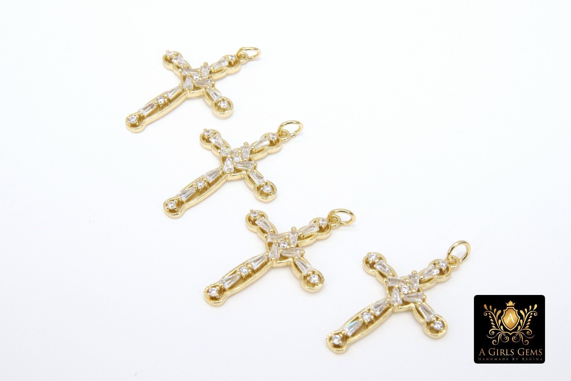 CZ Pave Gold Cross, Cubic Zirconia Cross for Jewelry #216, Crucifix 20 x 29 mm Religious Rosary Chain Jewelry