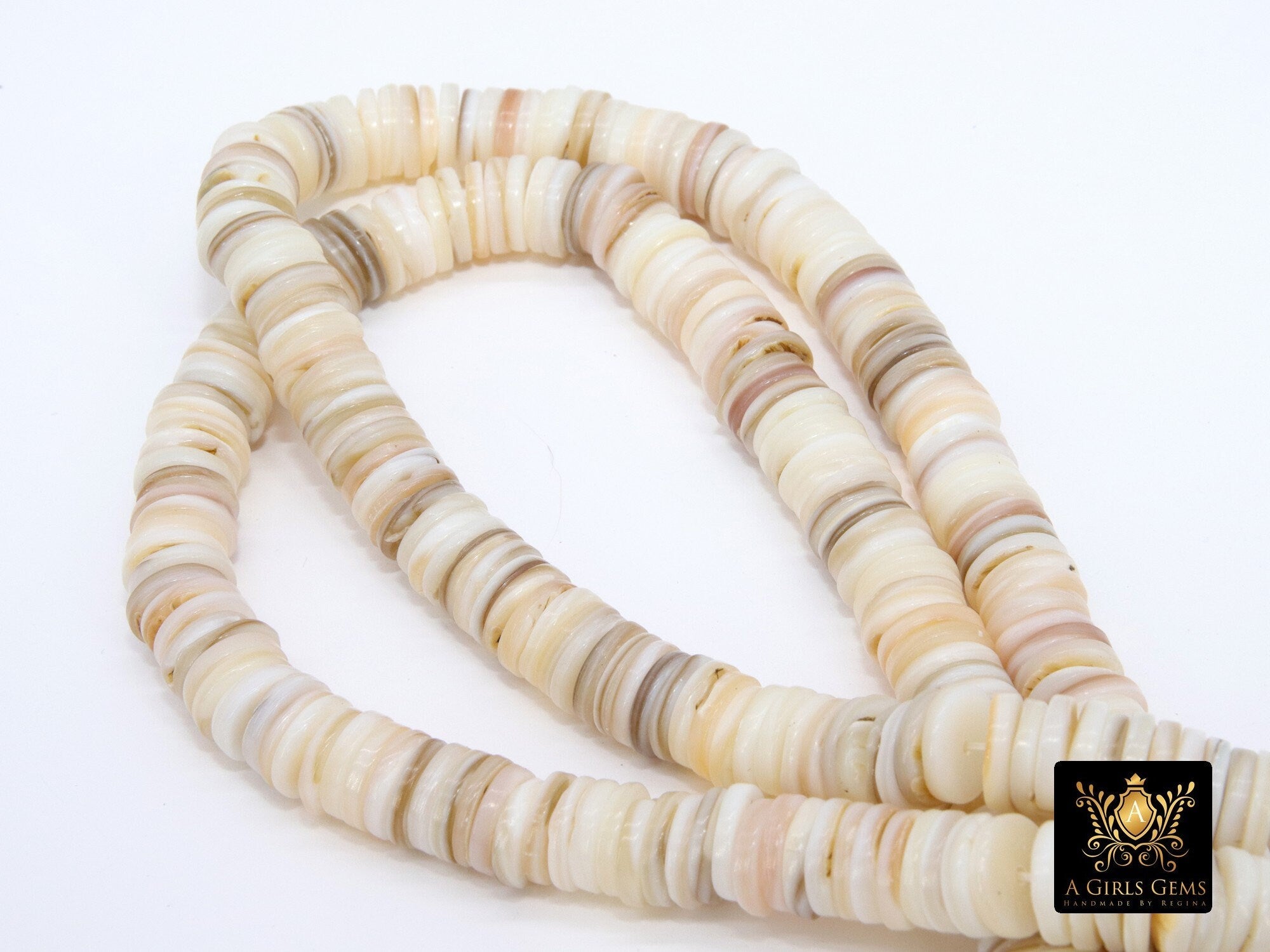 Shell Bead Heishi Bead Strands, 8 mm Natural Beige Ivory Flat Shell Beads BS #142, Round Disc sizes 10 mm 15.0 inch Strands