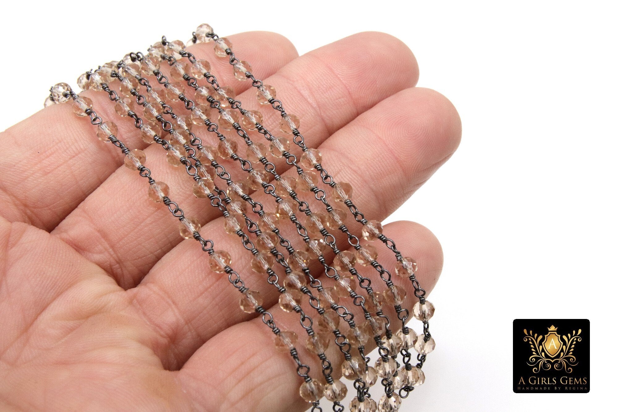 Smoky Beige AB Rosary Chain, 4 mm Black Wire Wrapped Beaded Crystal CH #416, By the Foot