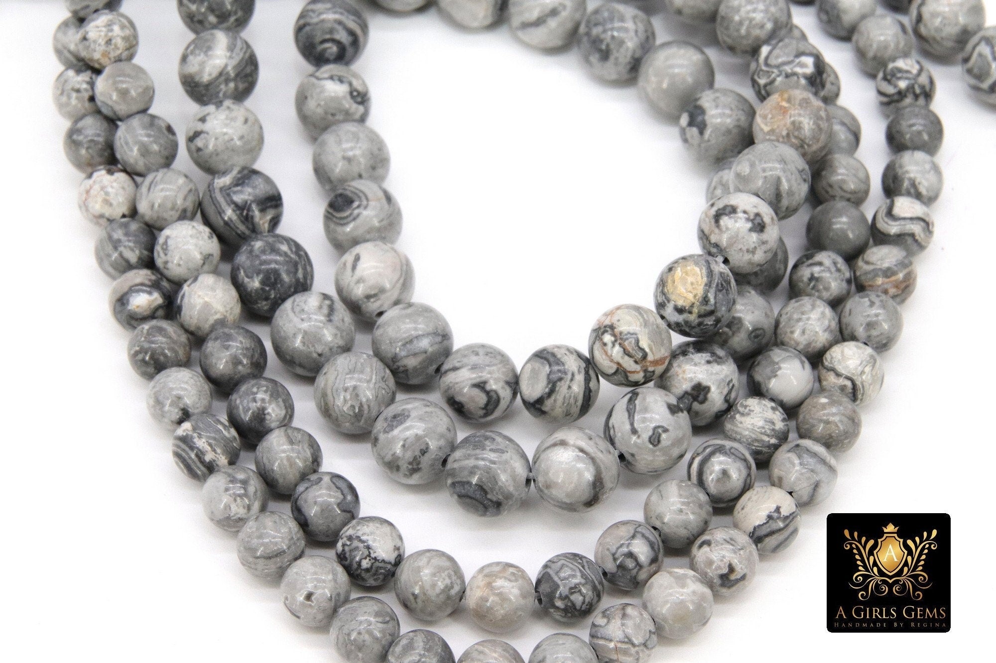 Picasso Map Stone Beads, Smooth Round White and Gray Beads BS #190, High Quality 6 mm or 8 mm 15.8 inch Strands