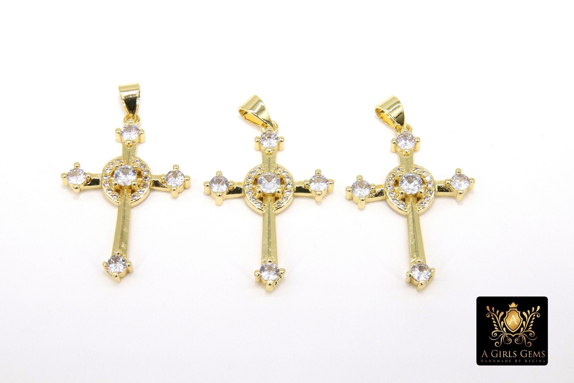 Gold Cubic Zirconia Cross, CZ Pave Cross for Necklaces #13, Crucifix 20 x 29 mm Rosary Chain Jewelry
