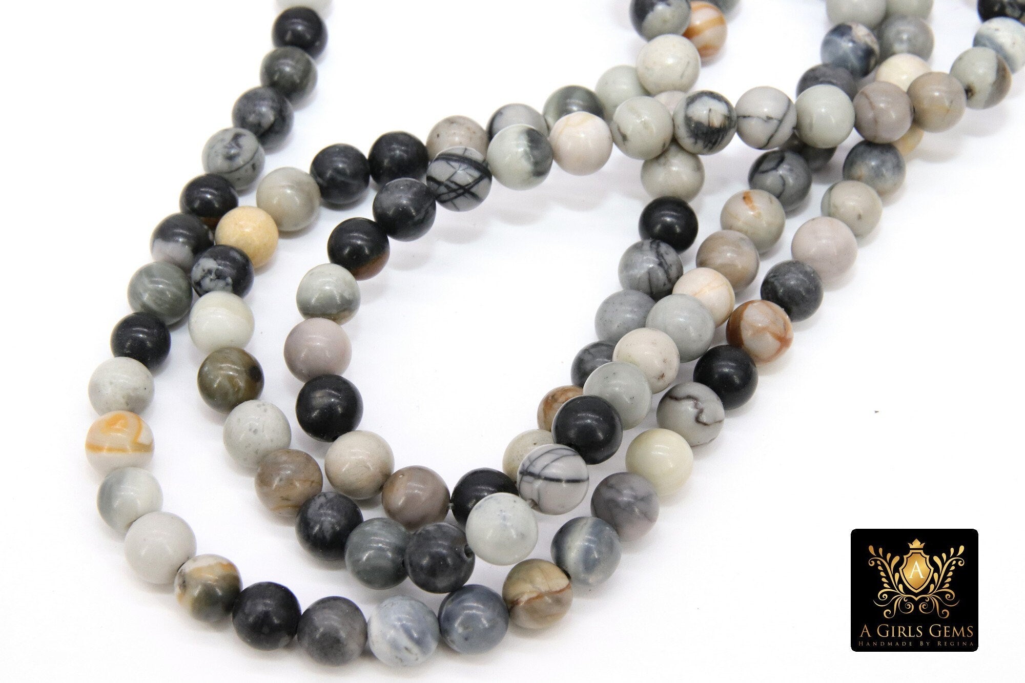 Picasso Stone Beads, Smooth Round White Black and Gray Beads BS #192, High Quality 6 mm 15.3 inch Strands