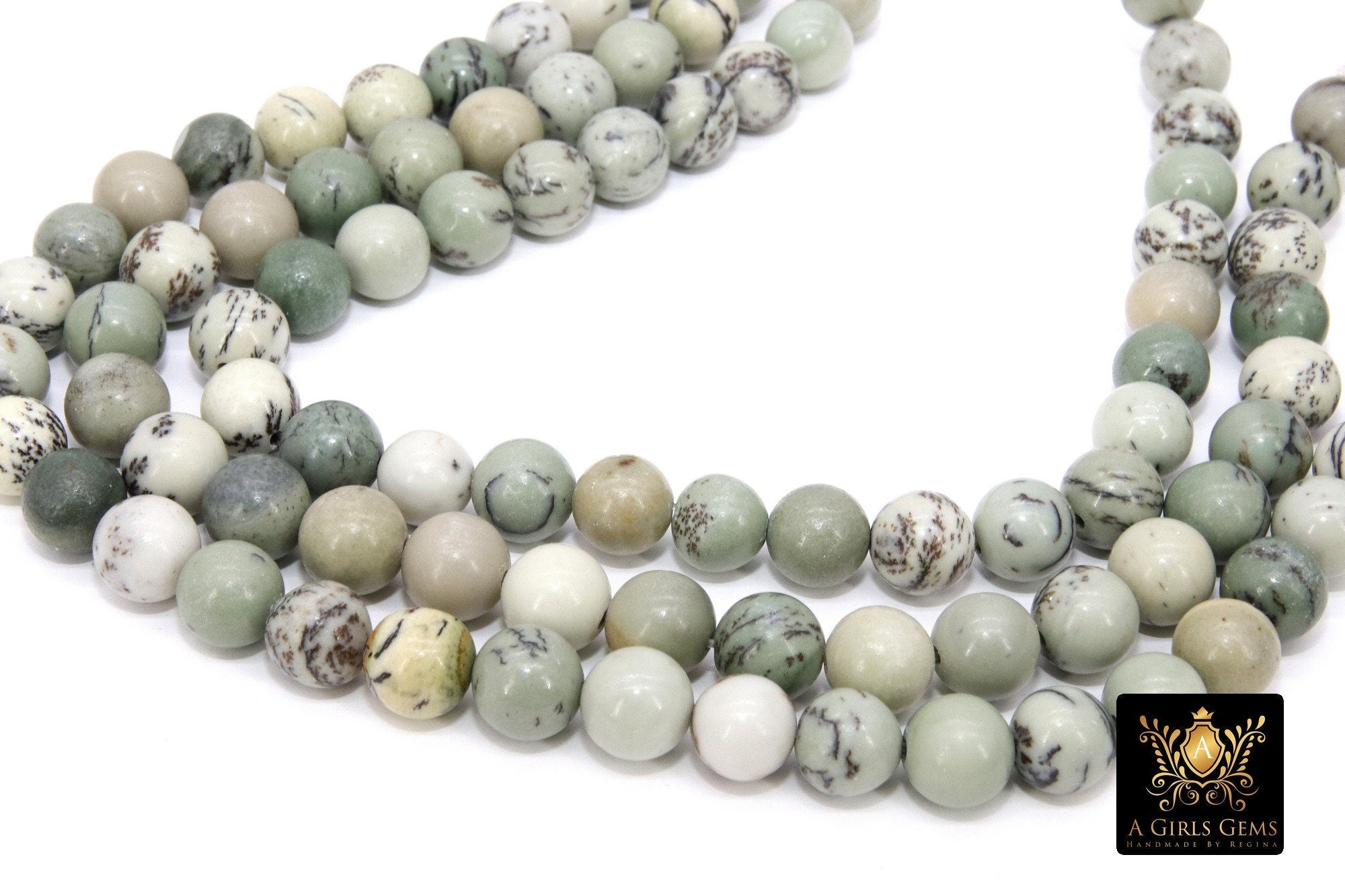 Natural Dendritic Jasper Beads, Smooth Round Gray to Sage and Black Stone Beads BS #193
