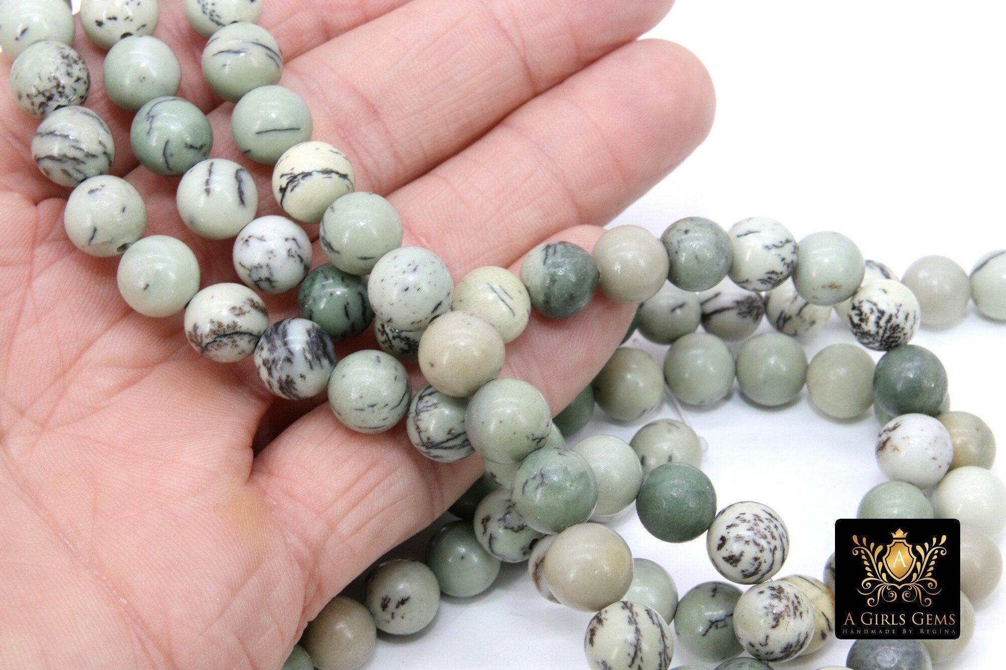 Natural Dendritic Jasper Beads, Smooth Round Gray to Sage and Black Stone Beads BS #193