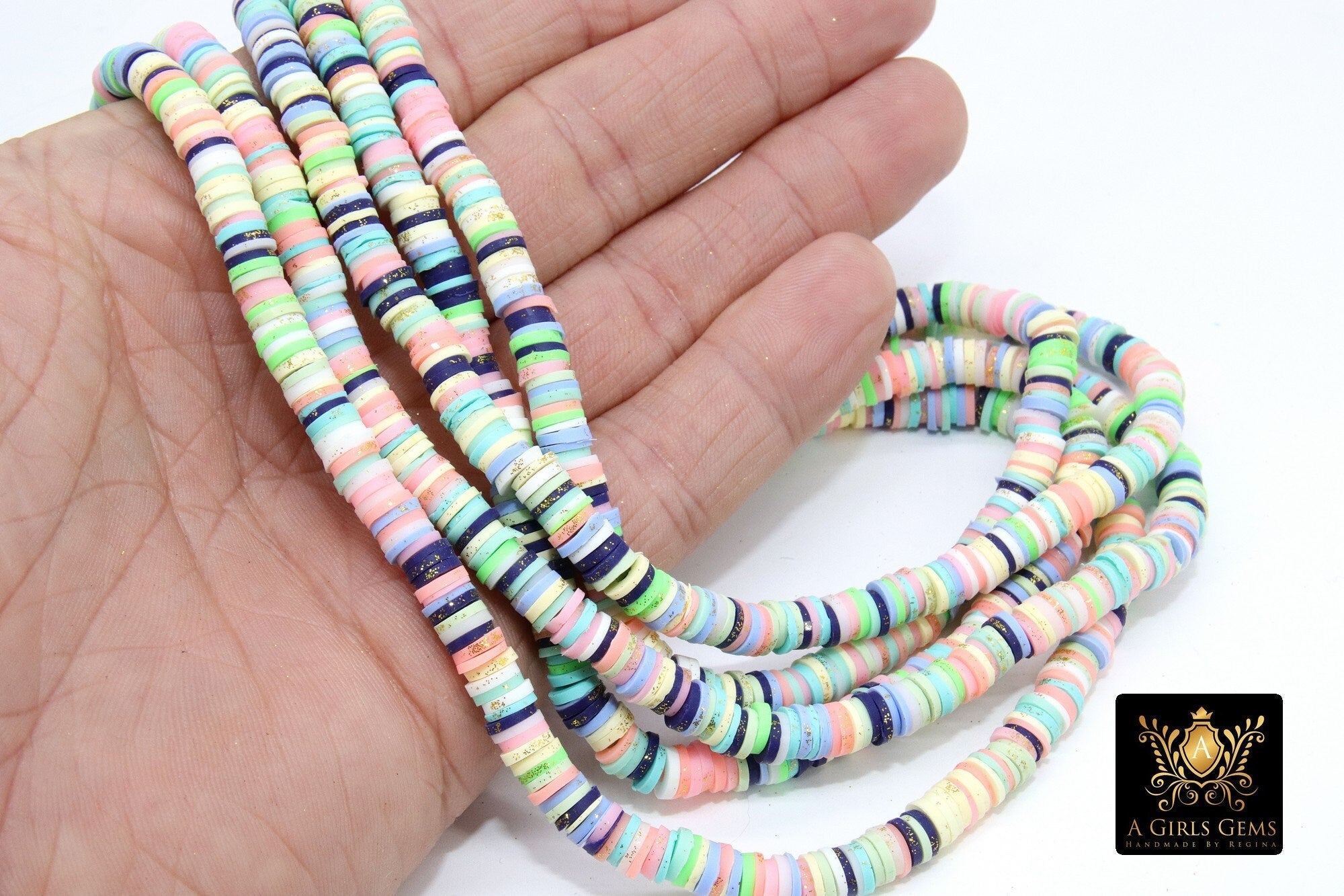 2 Strands 6 mm Clay Flat Beads, Gold Glitter Blue White Heishi in Polymer Clay Disc CB #162, Rondelle Multi Color