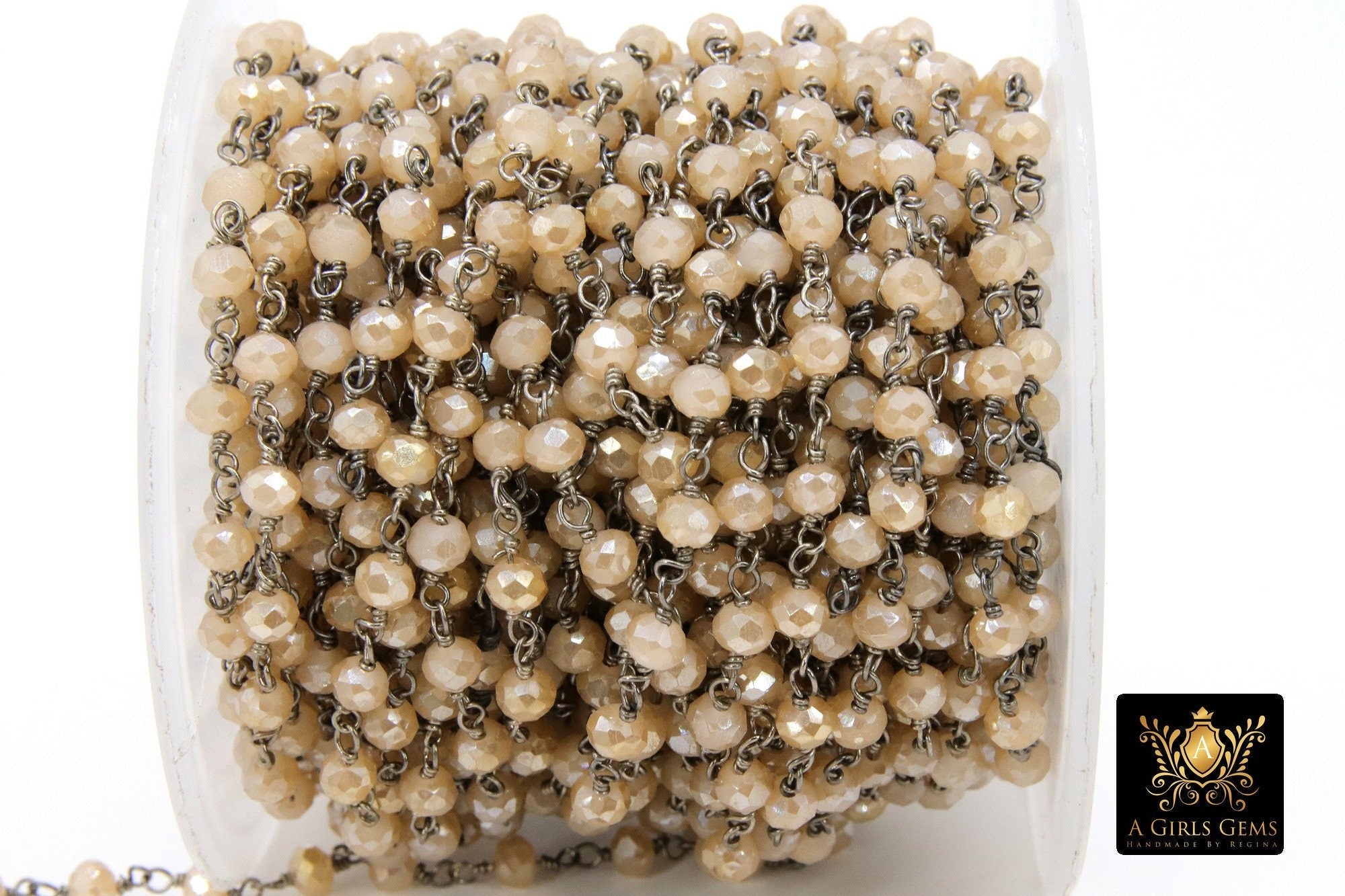 Creamy Beige Rosary Chain, 4 mm Gold Wire Wrapped Chain CH #412, Black Wire Wrap