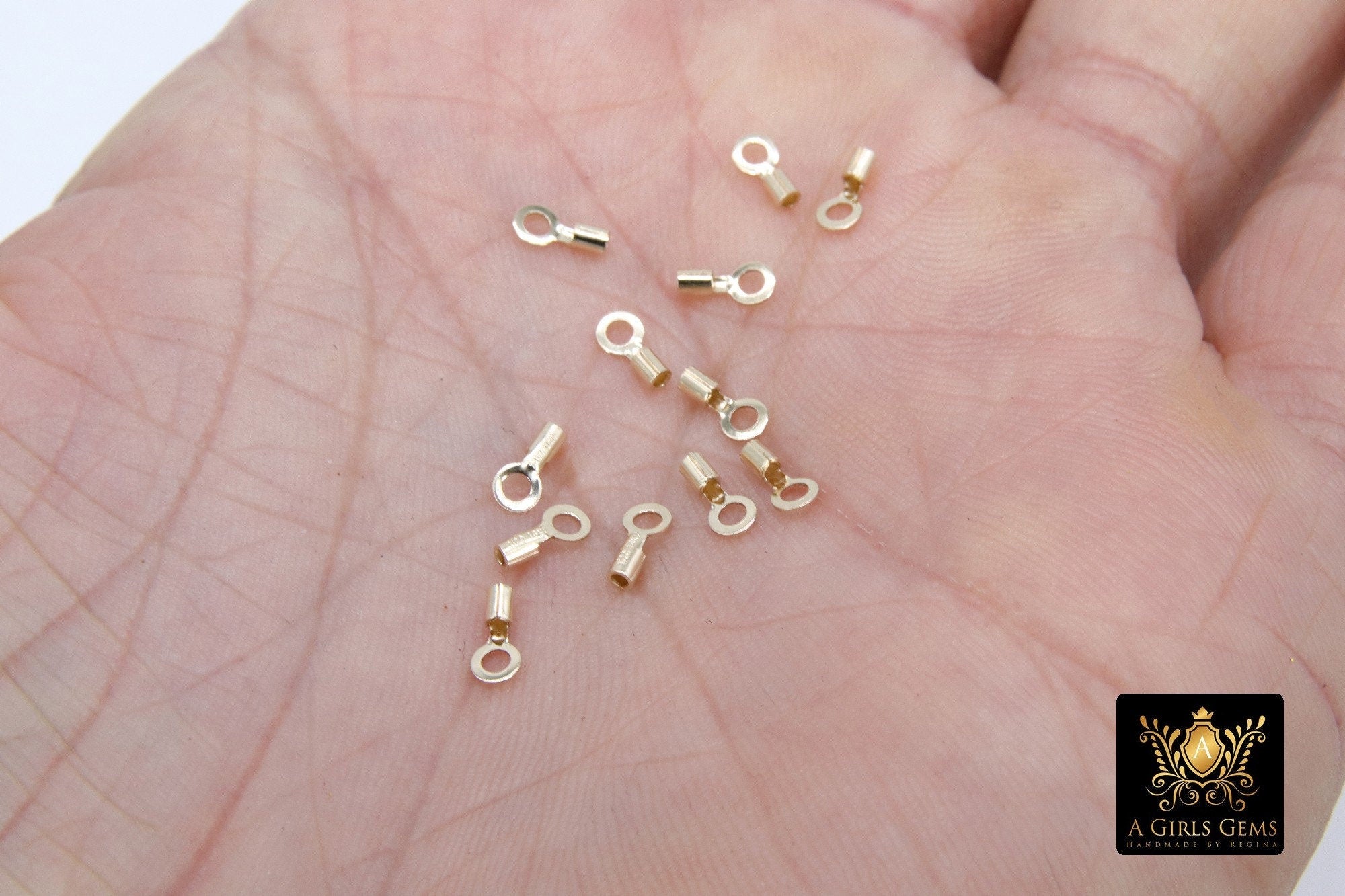 14 K Gold Filled Crimp End Caps, Gold Dainty Chain Necklace Crimps #2805, 3 mm Ring and 1.0 mm ID Tube Hole