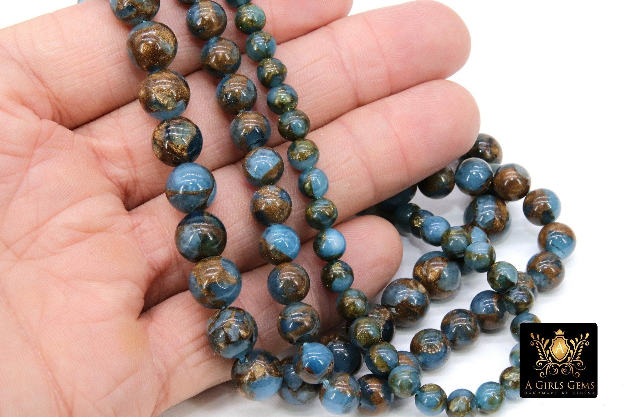 Aqua and Gold Beads, Smooth Chalcedony Beads BS #185, Faux Clinquant Stone Jewelry Beads sizes 6 mm 8 mm 10 mm 15.75 inch Strands