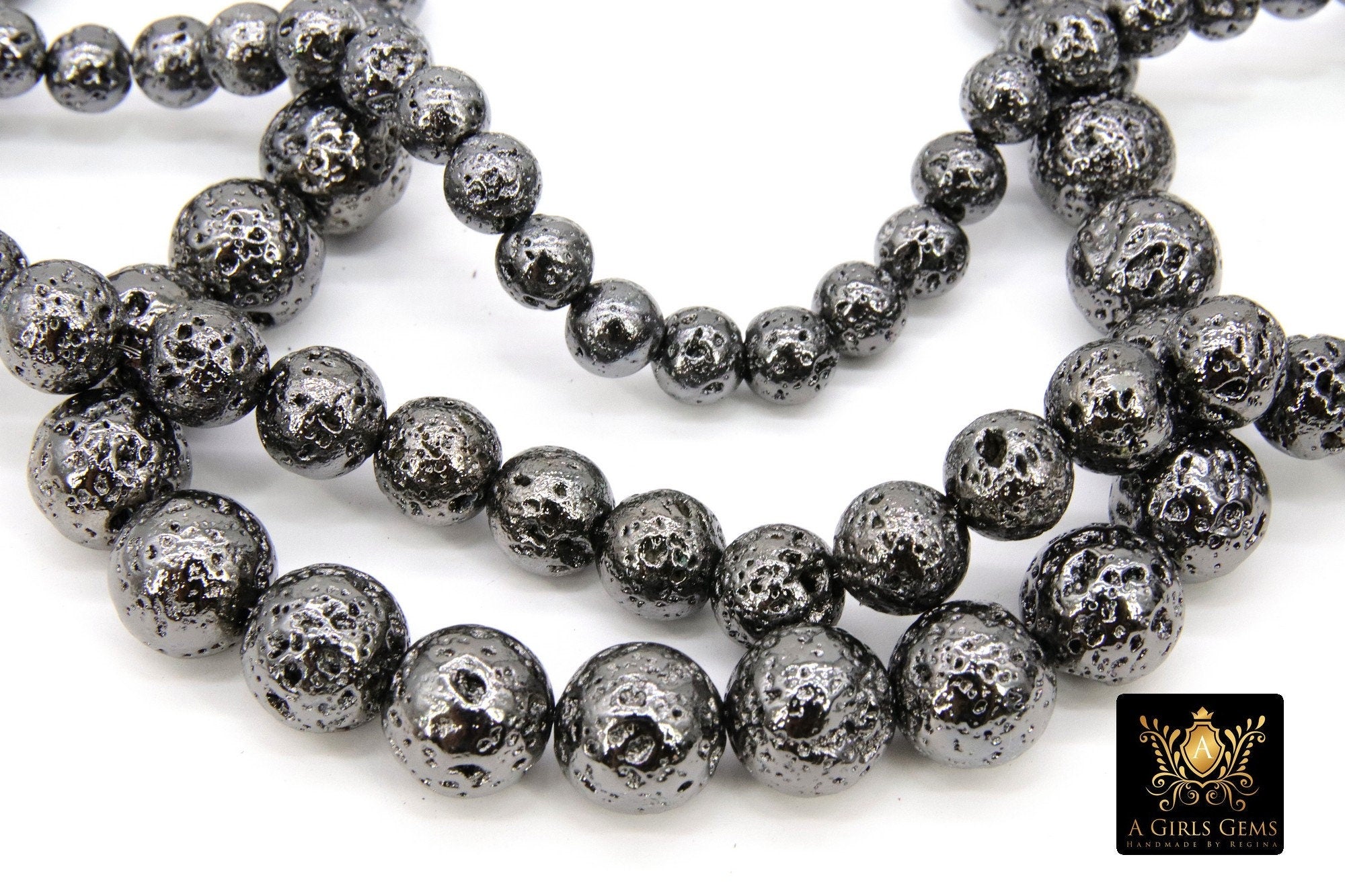 Gunmetal Black Plated Lava Rock Beads, Metallic Textured Beads BS #184, sizes 6 mm 8 mm 10 mm in 15.7 inch Strands