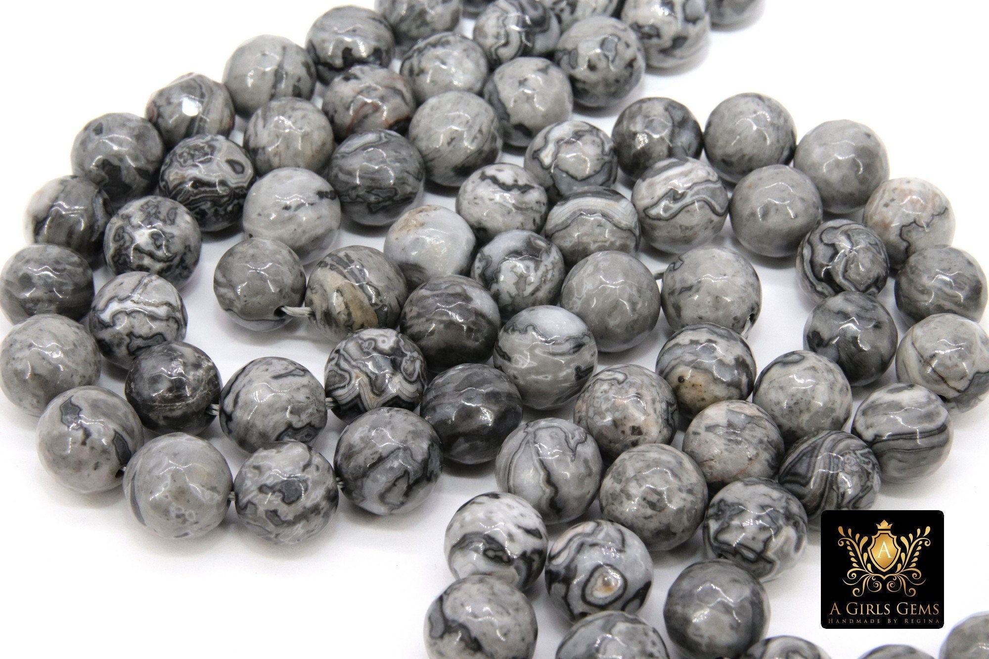 Faceted Picasso Map Stone Beads, Round Black Gray Beads BS #188, High Quality 10 mm 15.8 inch Strands