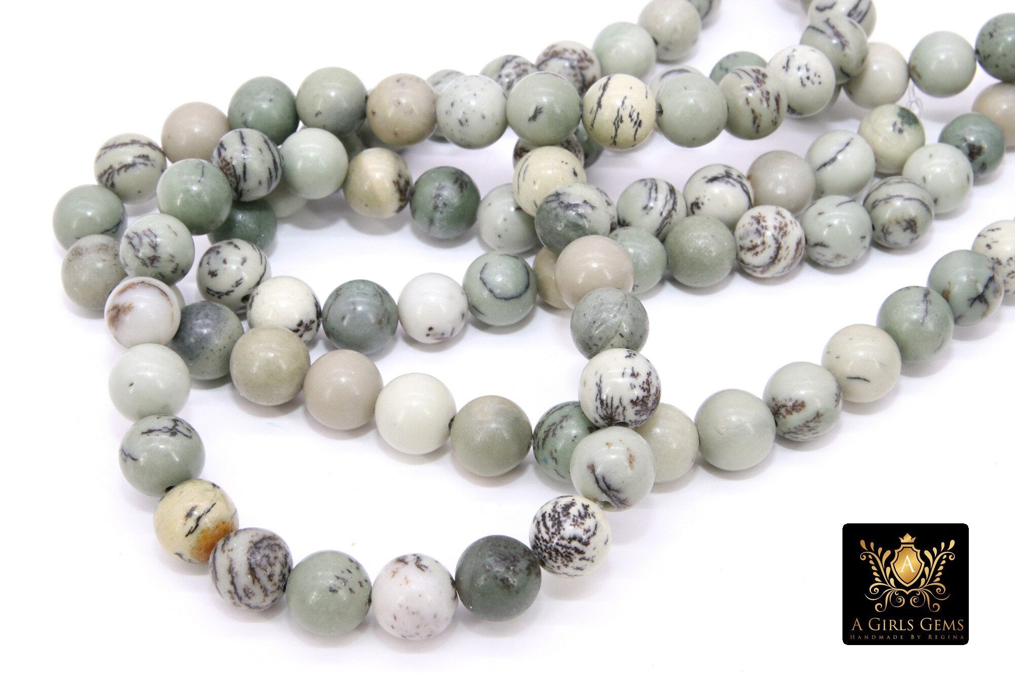 Natural Dendritic Jasper Beads, Smooth Round Gray to Sage and Black Stone Beads BS #193