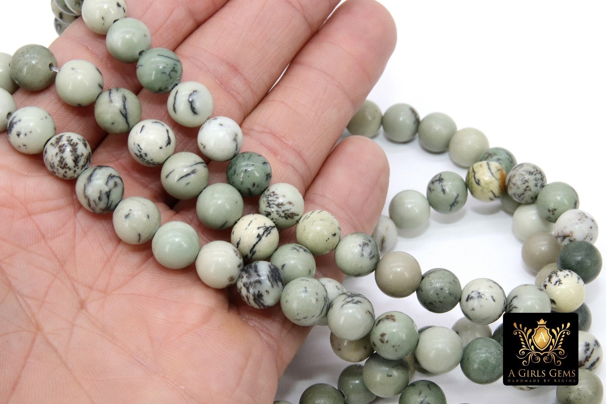 Natural Dendritic Jasper Beads, Smooth Round Gray to Sage and Black Stone Beads BS #193