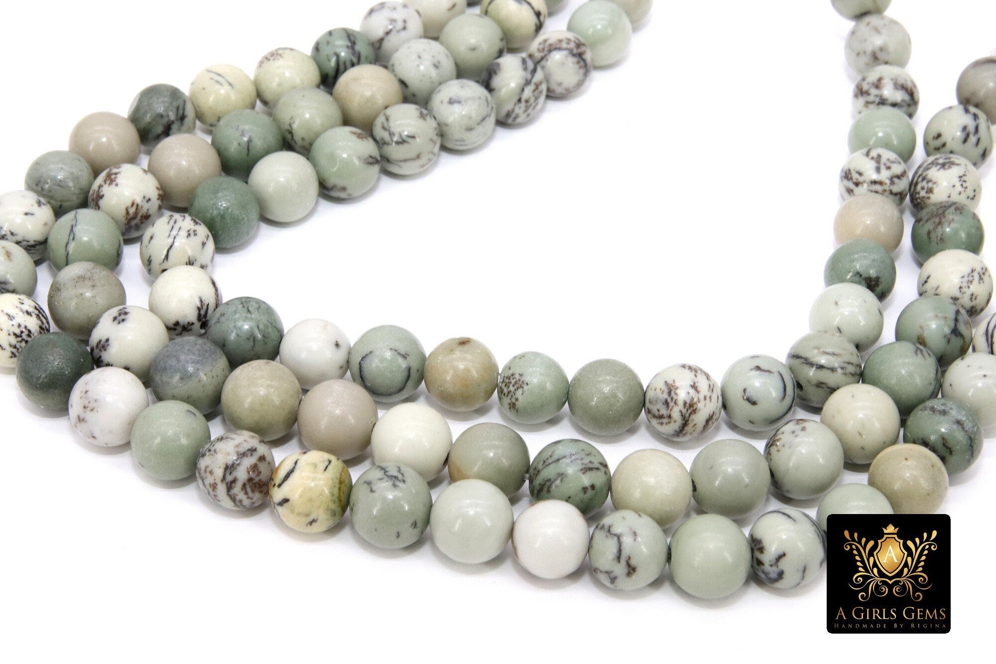 Natural Dendritic Jasper Beads, Smooth Round Gray to Sage and Black Stone Beads BS #193