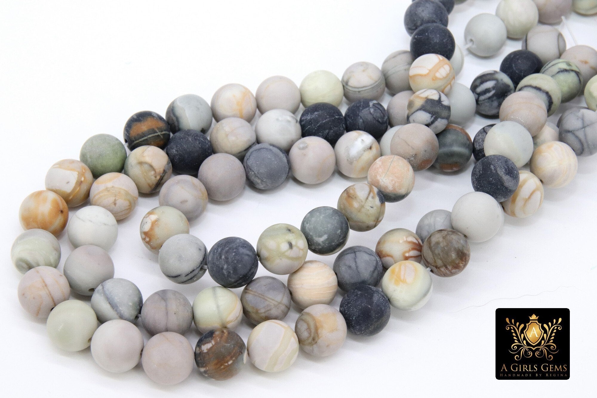 Frosted Picasso Map Stone Beads, Round White and Gray Beads BS #205