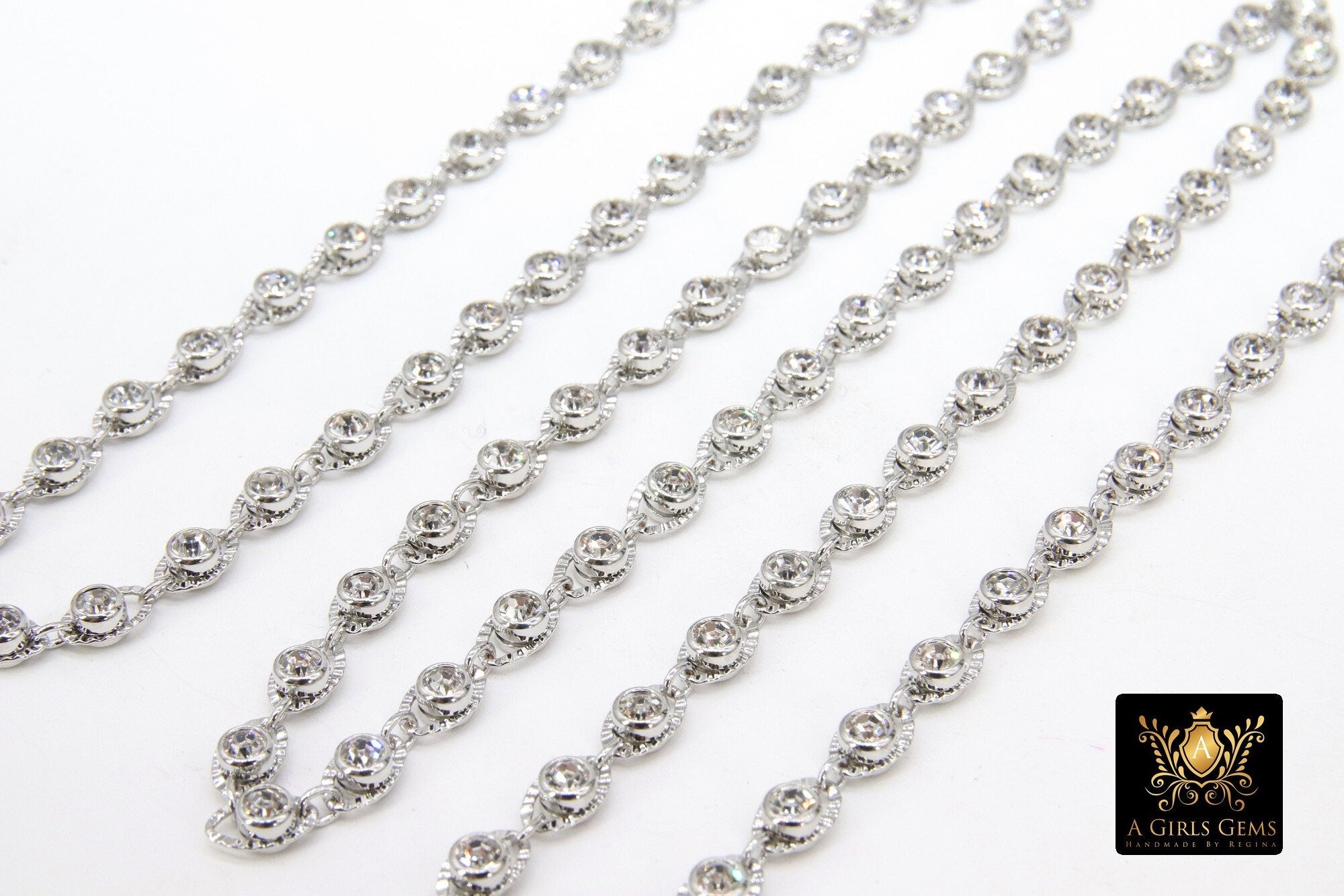 Genuine Cubic Zircon Chains, Silver Evil Eye Shaped Bezel Chains CH #569, 4 mm CZ Textured Connectors Links