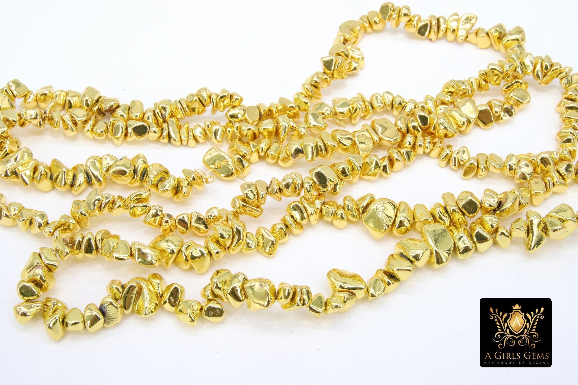 Gold Hematite Beads, Shimmery Polished Nugget Chip Non Magnetic Beads BS #196, sizes 4 mm 11 mm