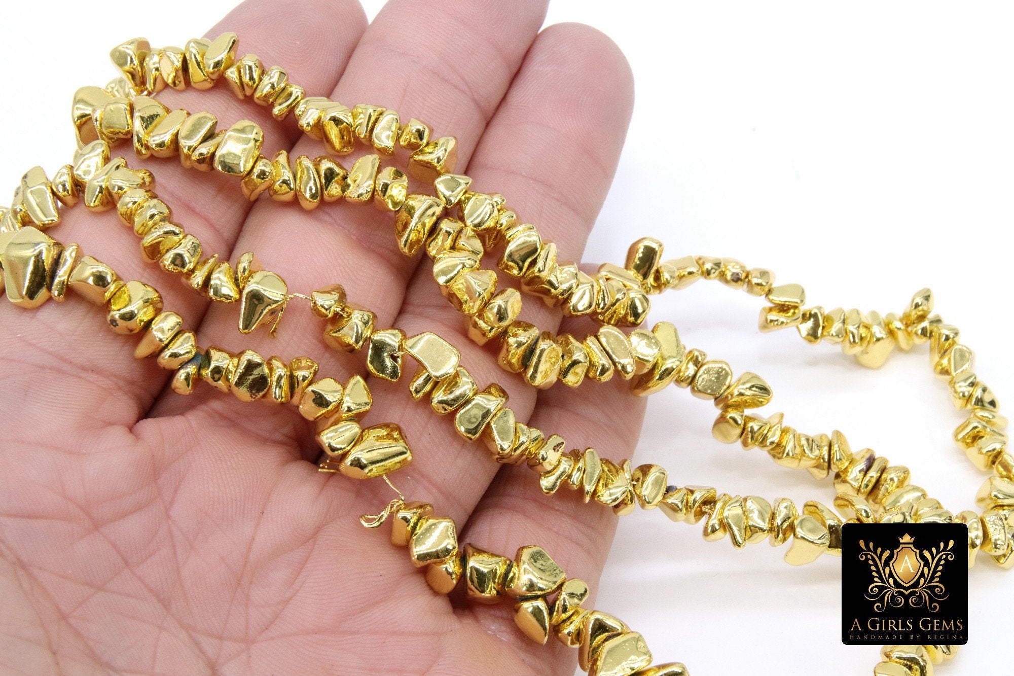 Gold Hematite Beads, Shimmery Polished Nugget Chip Non Magnetic Beads BS #196, sizes 4 mm 11 mm