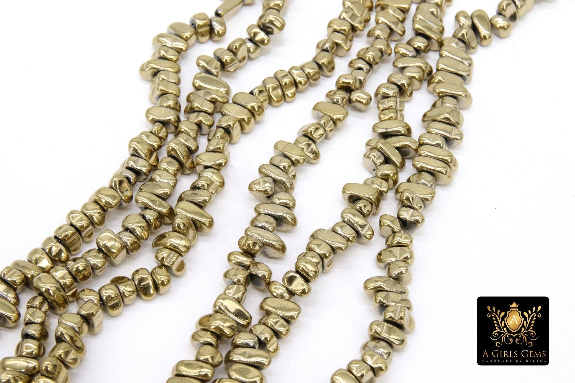 Gold Hematite Beads, Shimmery Polished Nugget Chip Non Magnetic Beads BS #201, sizes 4~ 11 mm 15.0 inch Strands