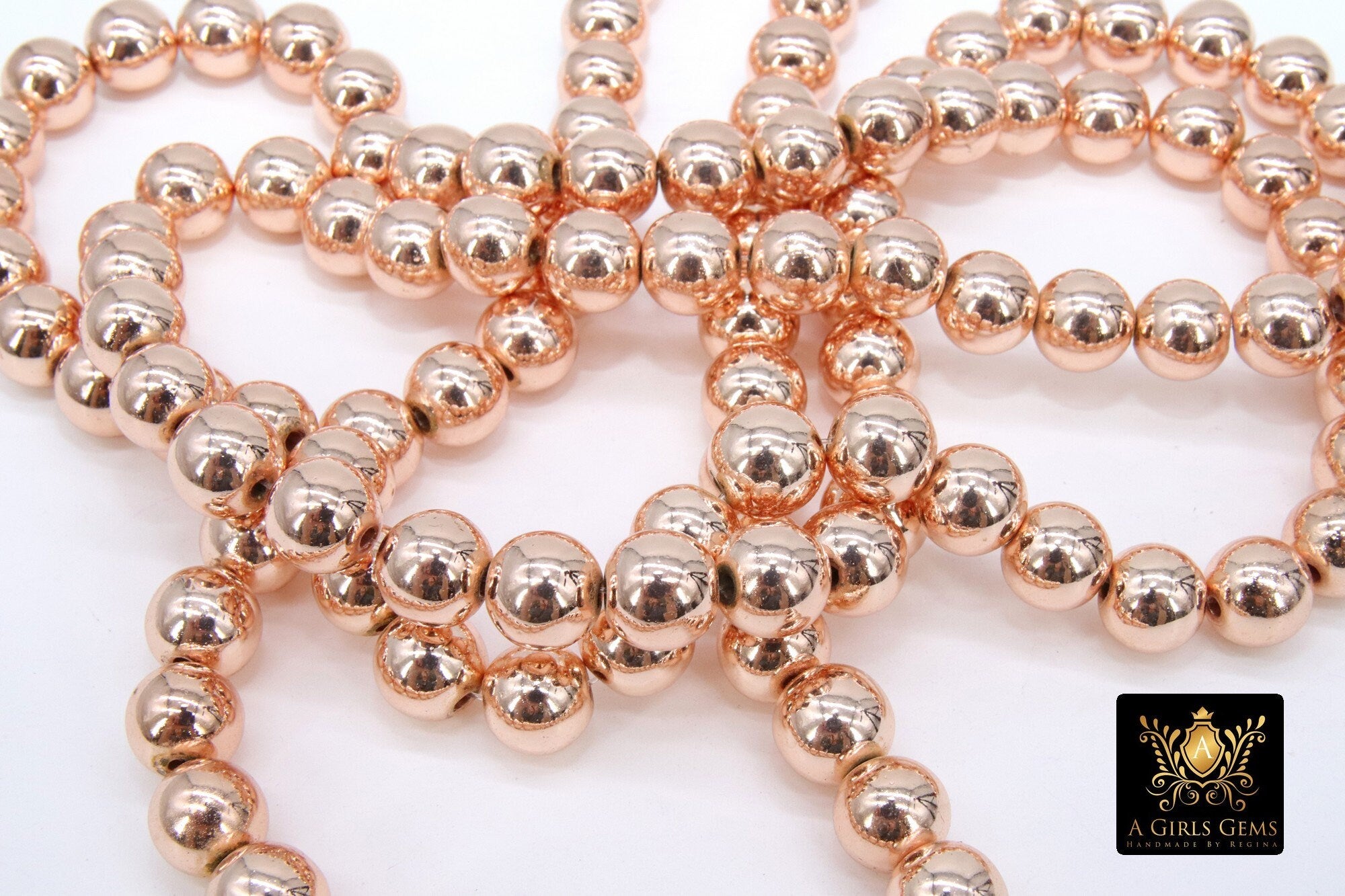 Rose Gold Round Hematite Beads, Smooth Polished Rose Gold Color Non Magnetic Beads BS #208, sizes 10 mm 14 inch Strands
