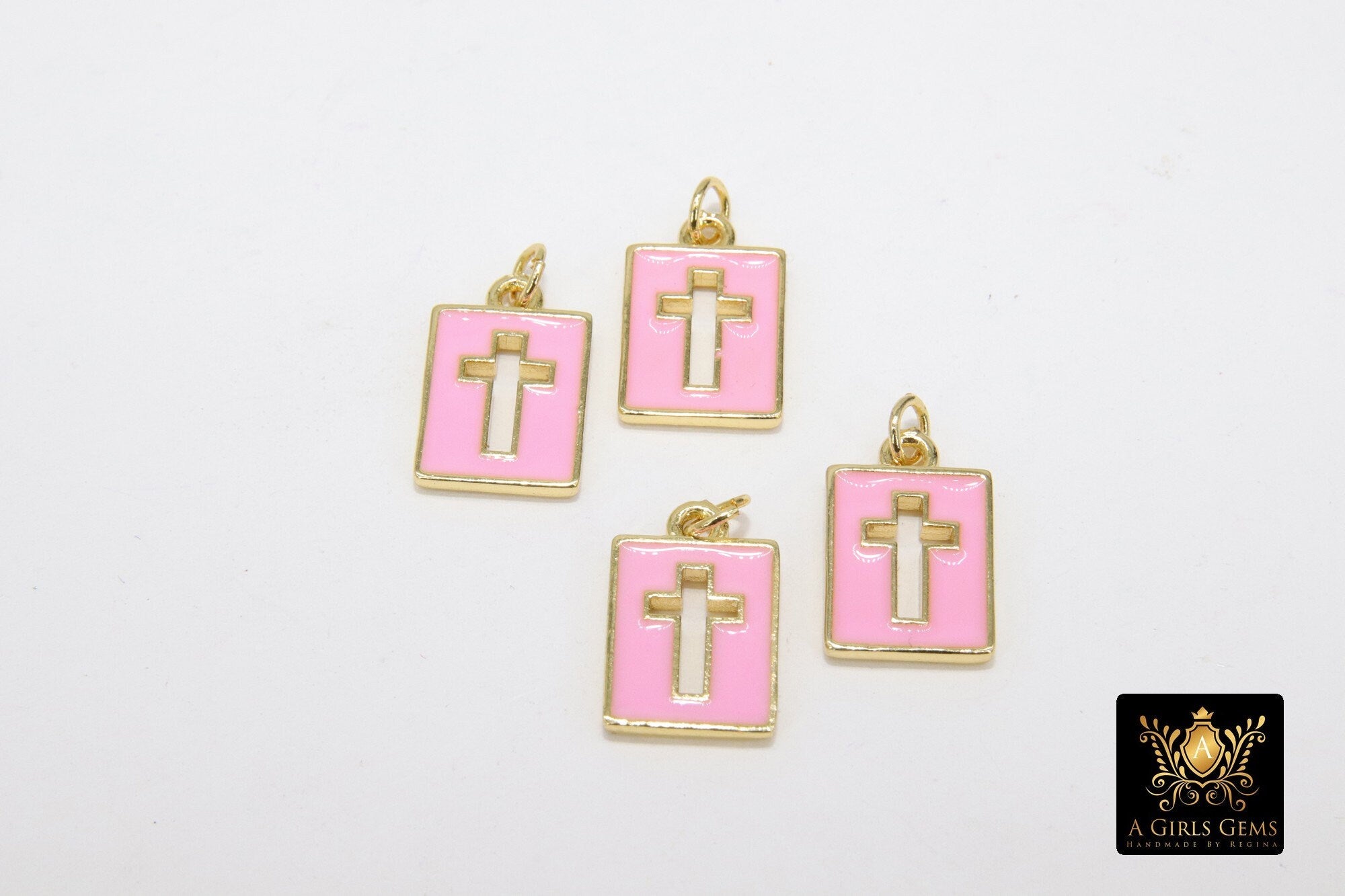 Gold Cross Charms, 9 mm Rectangle Tiny Charms in Pink or White Enamel #824, Rosary Bracelet