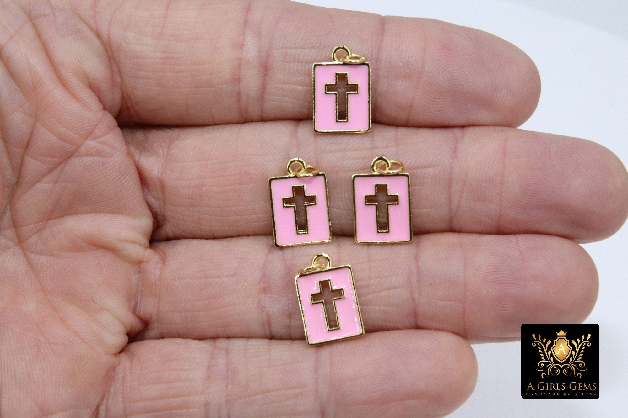 Gold Cross Charms, 9 mm Rectangle Tiny Charms in Pink or White Enamel #824, Rosary Bracelet