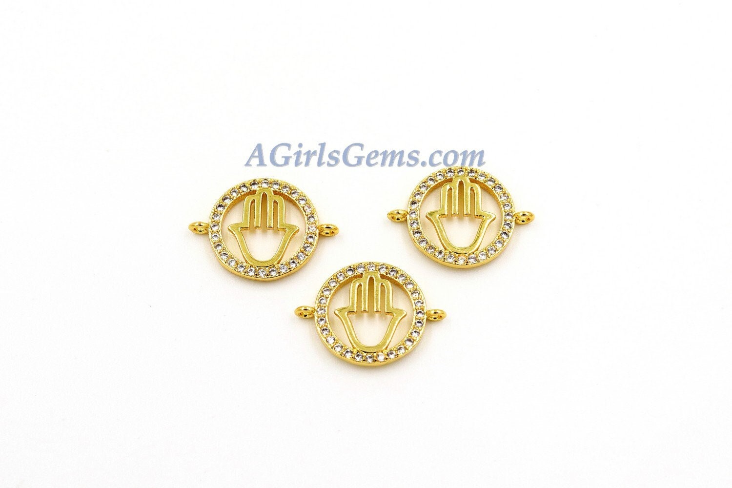 CZ Micro Pave Hamsa Charm, Hand Pendant Round Connector Bead with Cubic Zirconia, Protection Charm Pendants 13 x 18 mm Necklace Connectors