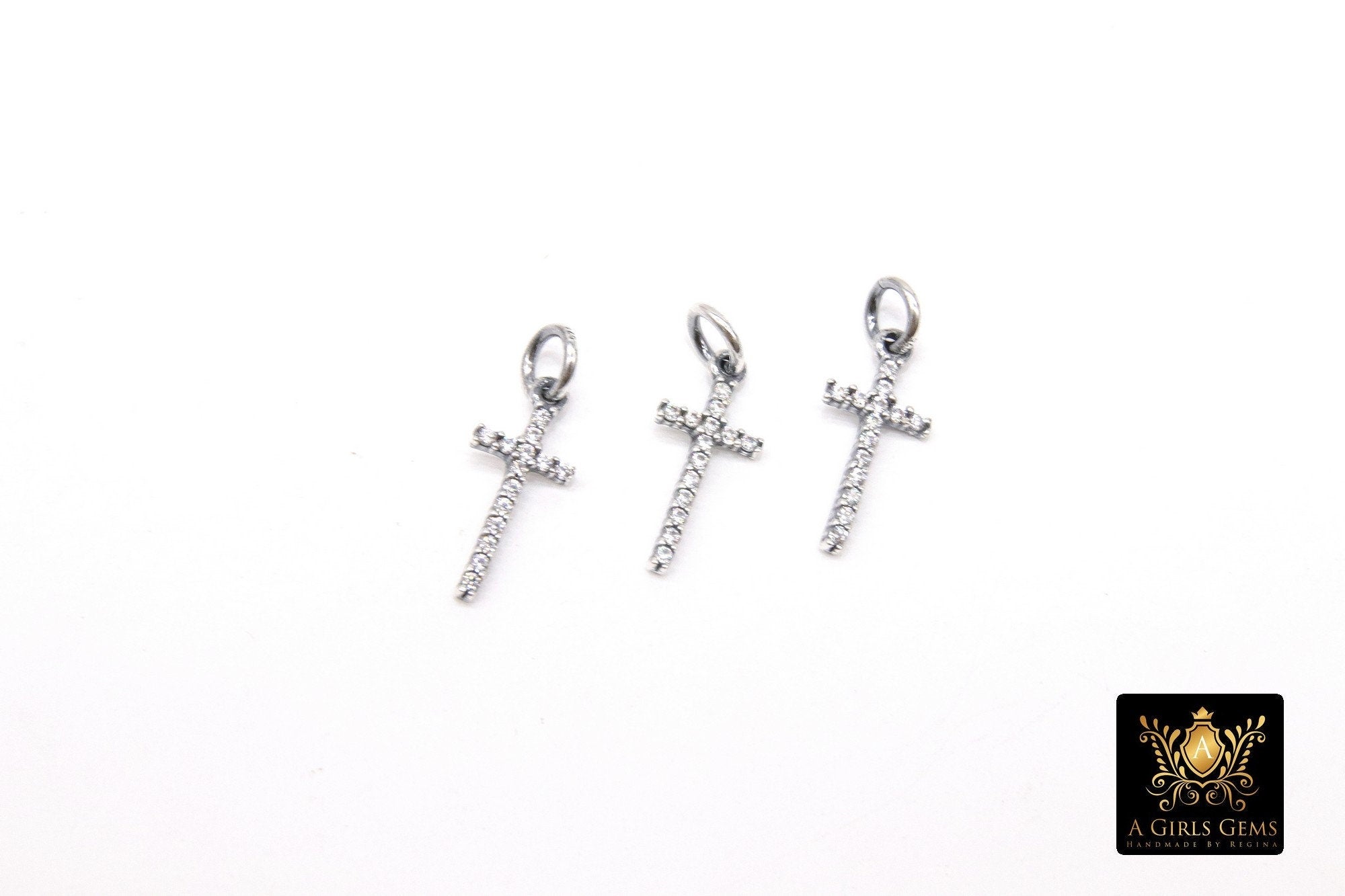 CZ Silver Cross Charms, 925 Sterling Silver Oxidized Cross #758, Gold Cubic Zirconia Long Dainty Cross Jewelry