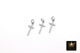 CZ Silver Cross Charms, 925 Sterling Silver Oxidized Cross #758, Gold Cubic Zirconia Long Dainty Cross Jewelry