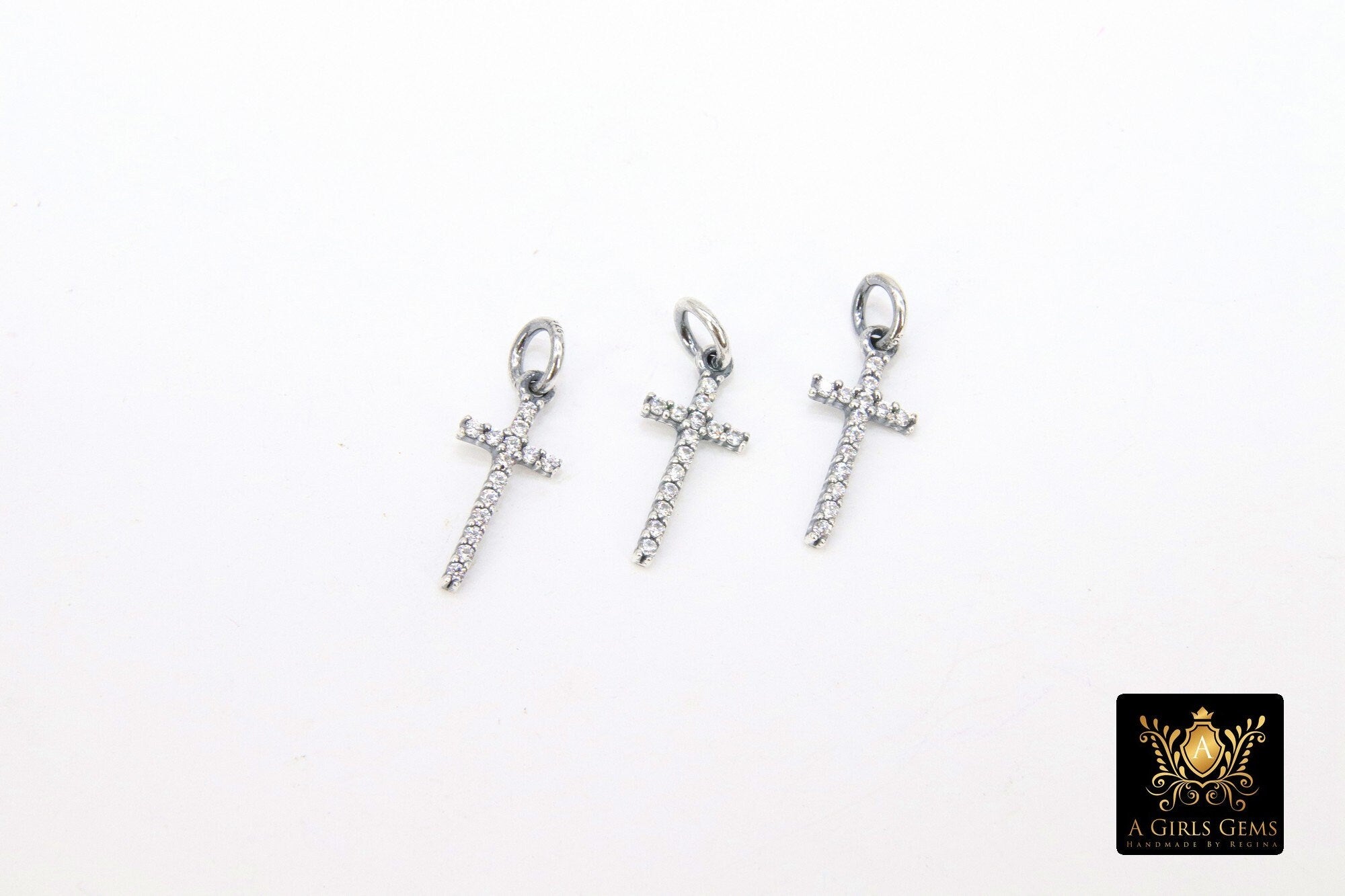 CZ Silver Cross Charms, 925 Sterling Silver Oxidized Cross #758, Gold Cubic Zirconia Long Dainty Cross Jewelry