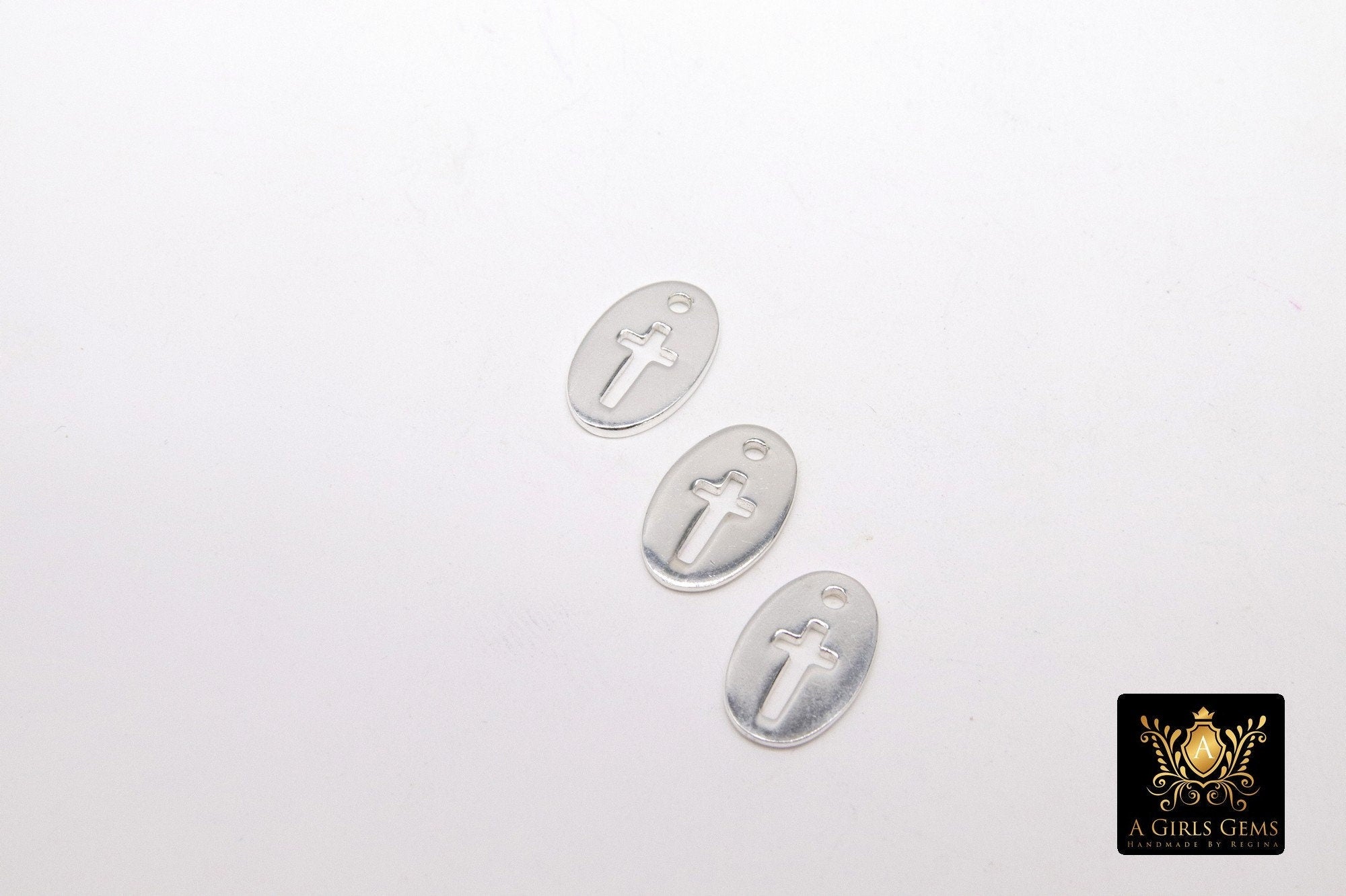 925 Sterling Silver Cross Charms, 13 mm Silver Oval Cross Disc #733, Cross Jewelry