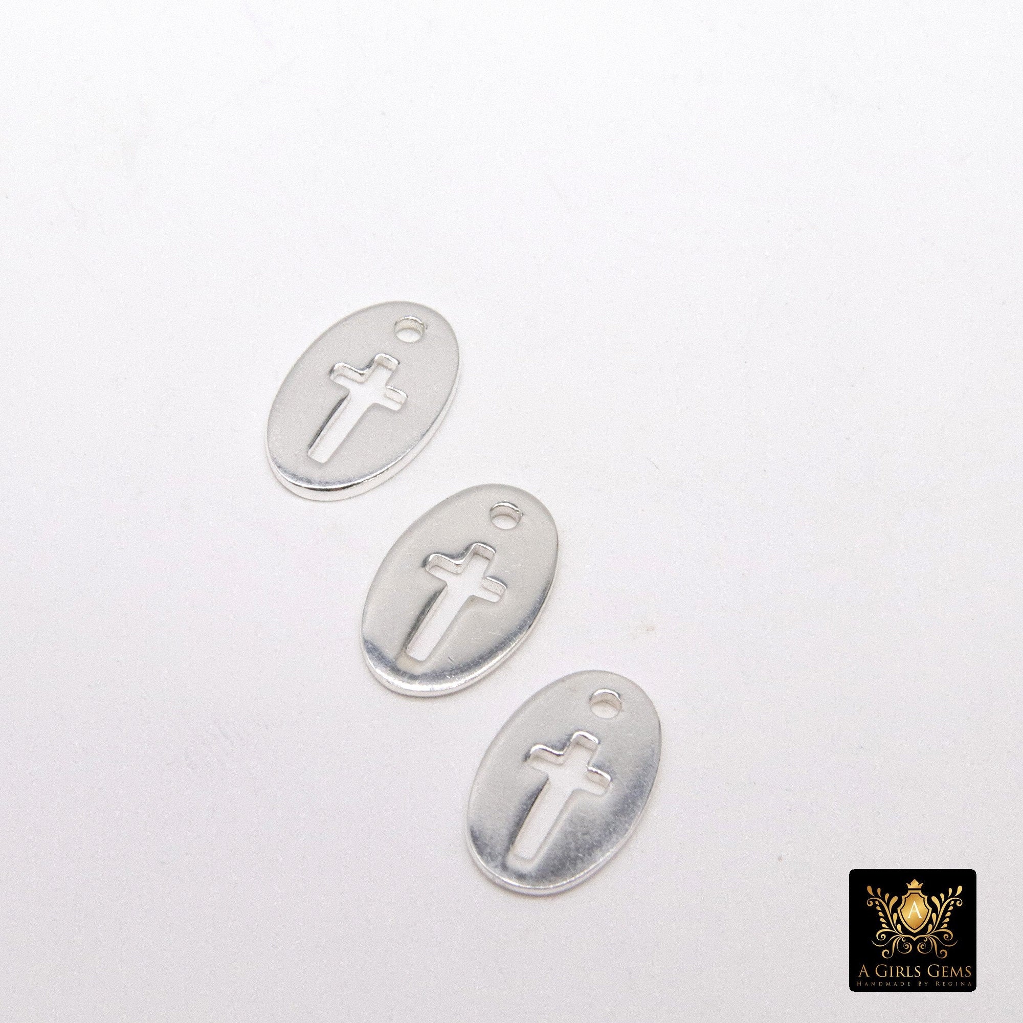925 Sterling Silver Cross Charms, 13 mm Silver Oval Cross Disc #733, Cross Jewelry