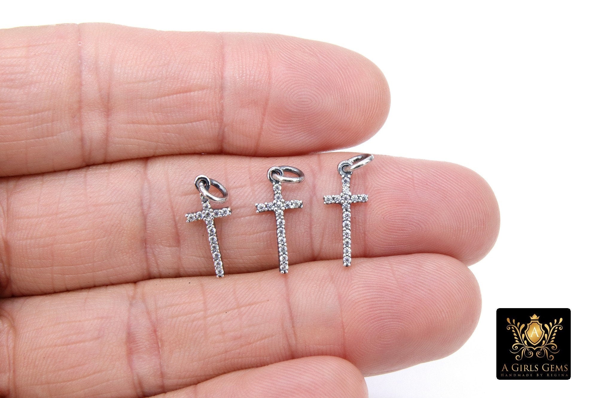 CZ Silver Cross Charms, 925 Sterling Silver Oxidized Cross #758, Gold Cubic Zirconia Long Dainty Cross Jewelry