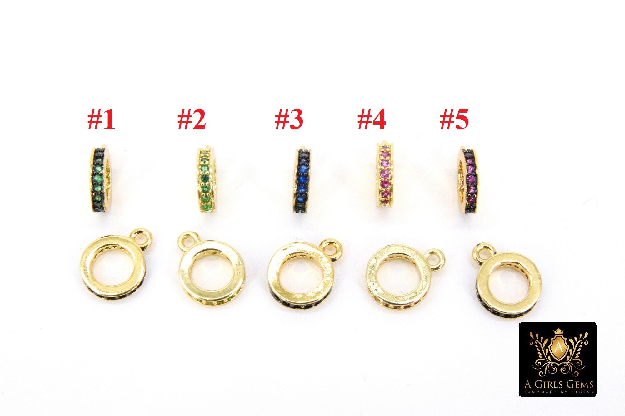 Gold CZ Charm Holder Slider Rings, Round Spacer Big Hole Circle #220, 4 mm Large Hole Black Green Pink Blue Cubic Zirconia