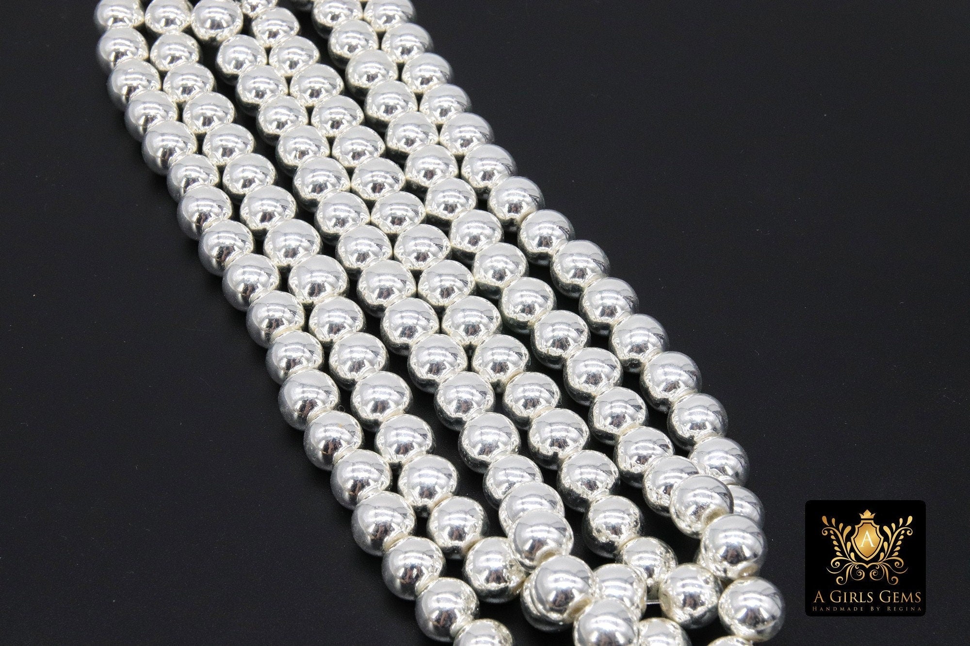 Silver Round Hematite Beads, Shimmery Smooth Polished Non Magnetic Beads BS #207, sizes 10 mm 15.4 inch Strands