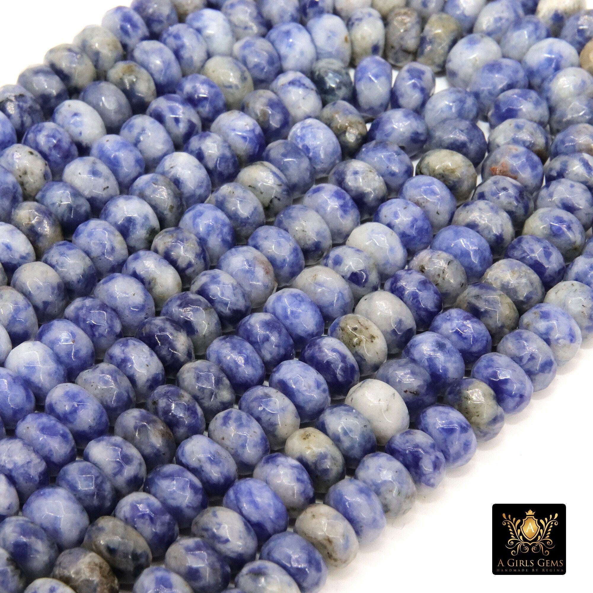 Faceted Blue Spotted Jasper Heishi Beads, White Spotted Thick Rondelle Beads BS #209, in sizes 8 x 6 mm 15.2 inch Strands