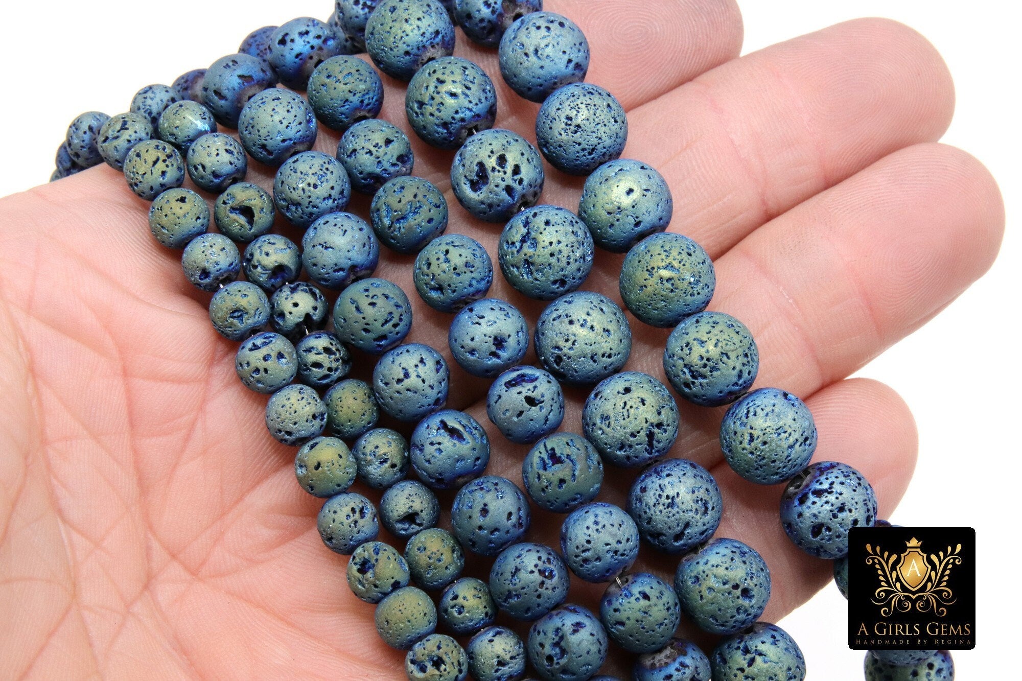 Matte Blue Plated Lava Rock Beads, Shimmery Titanium Textured Beads BS #217 sizes 6 mm 8 mm 10 mm in 15 inch Strands