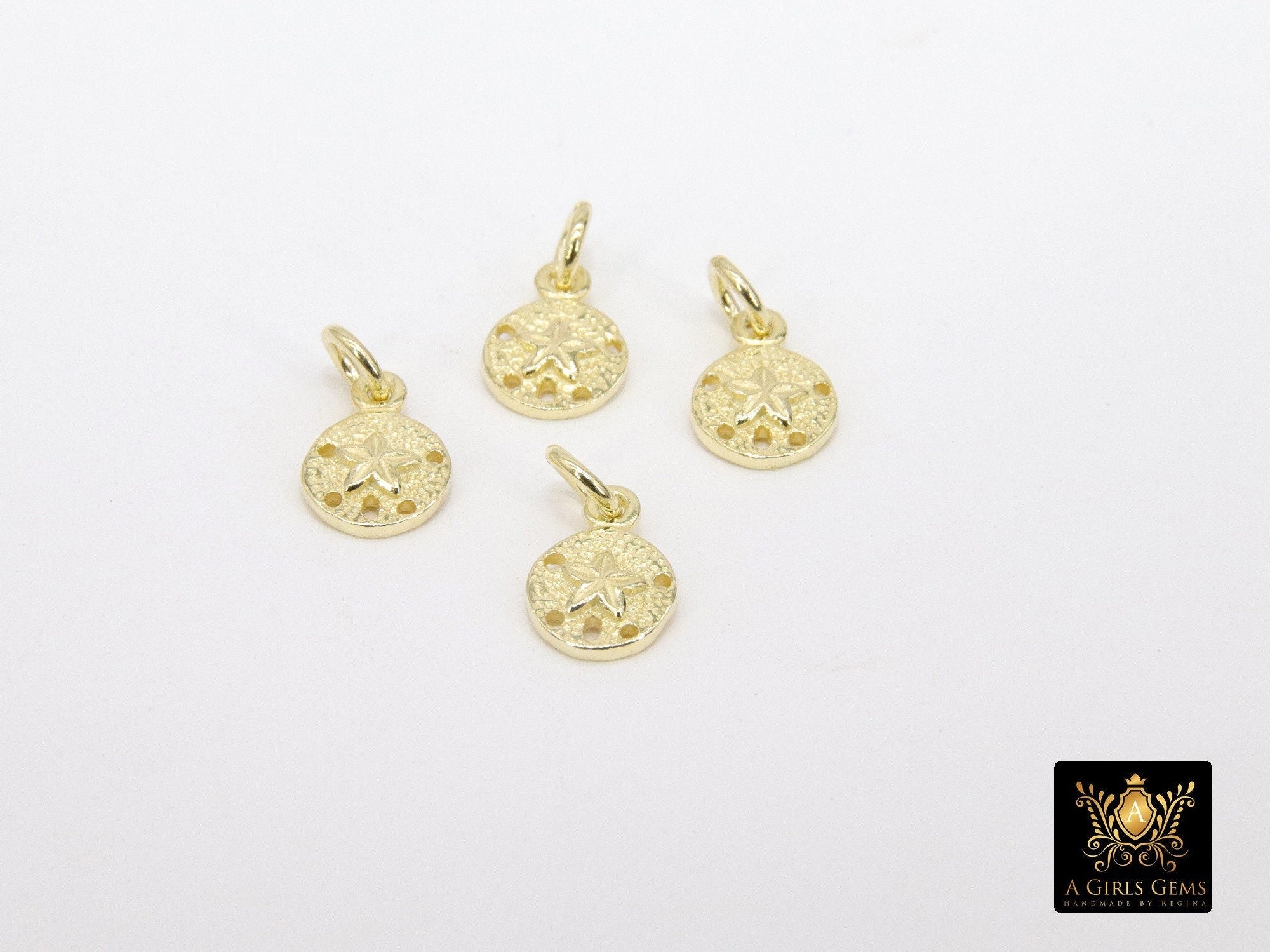 Genuine Gold Sand Dollar Charms, Tiny Beach Jewelry #2414, 6 x 8 mm Gold Plated 925 Sterling Silver Starfish Nautical Ocean Dangles