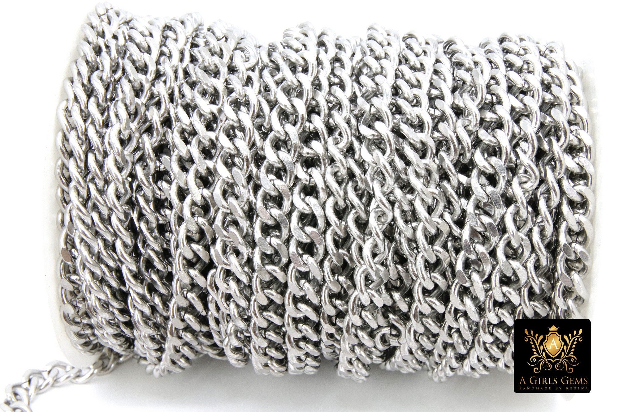 Gold Curb Chain, 304 Stainless Steel Large Heavy Flat 10 mm CH #209, Cuban Diamond Cut