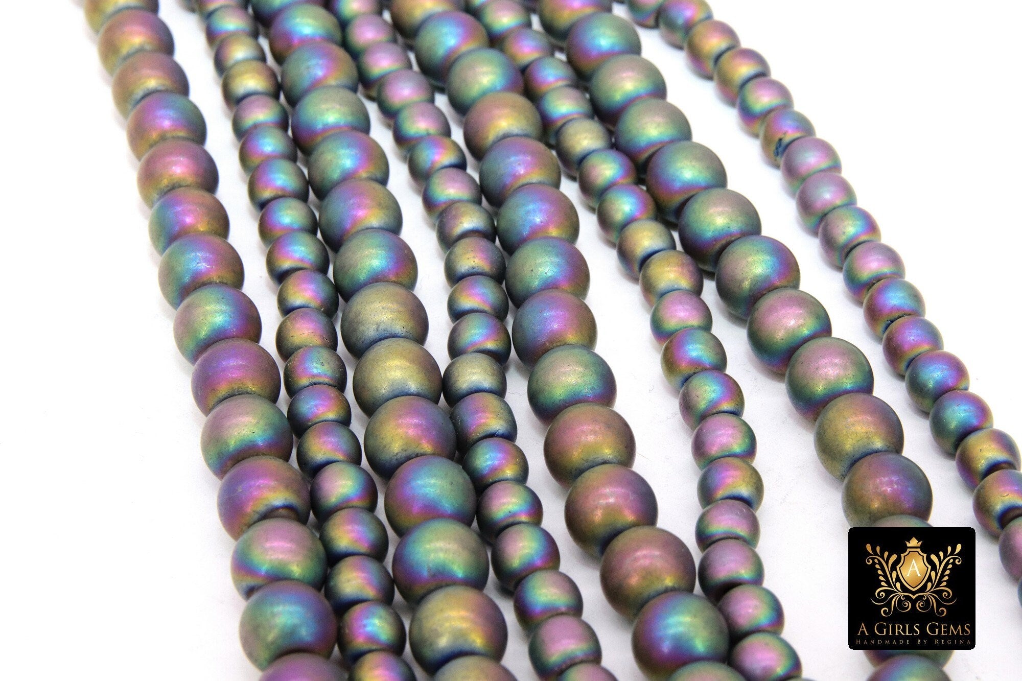 Matte Hematite Purple Gold Beads, Smooth Lavender Frosted Blue Jewelry Beads BS #216, sizes 6 mm 8 mm 15.75 inch Strands