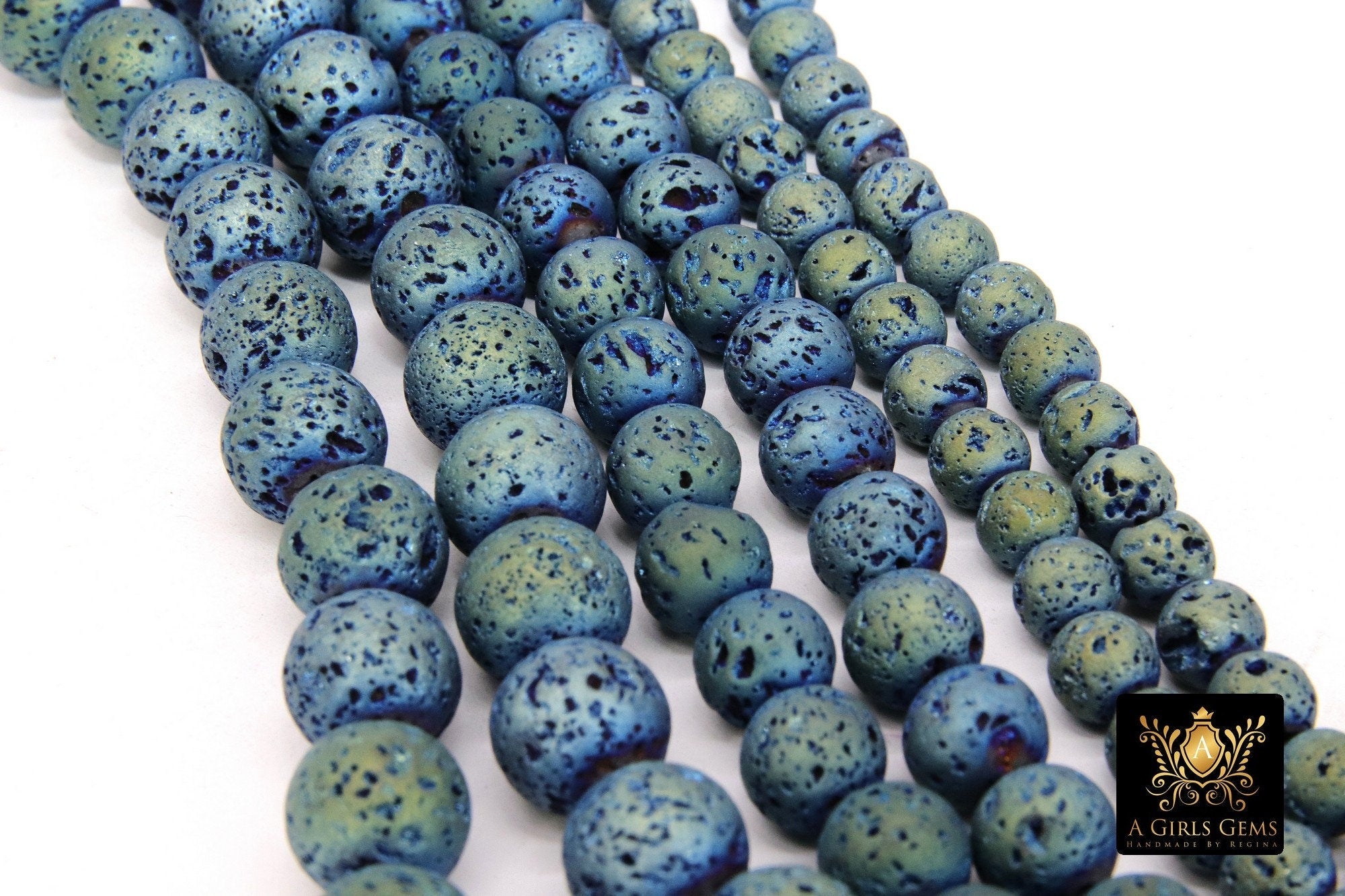 Matte Blue Plated Lava Rock Beads, Shimmery Titanium Textured Beads BS #217 sizes 6 mm 8 mm 10 mm in 15 inch Strands