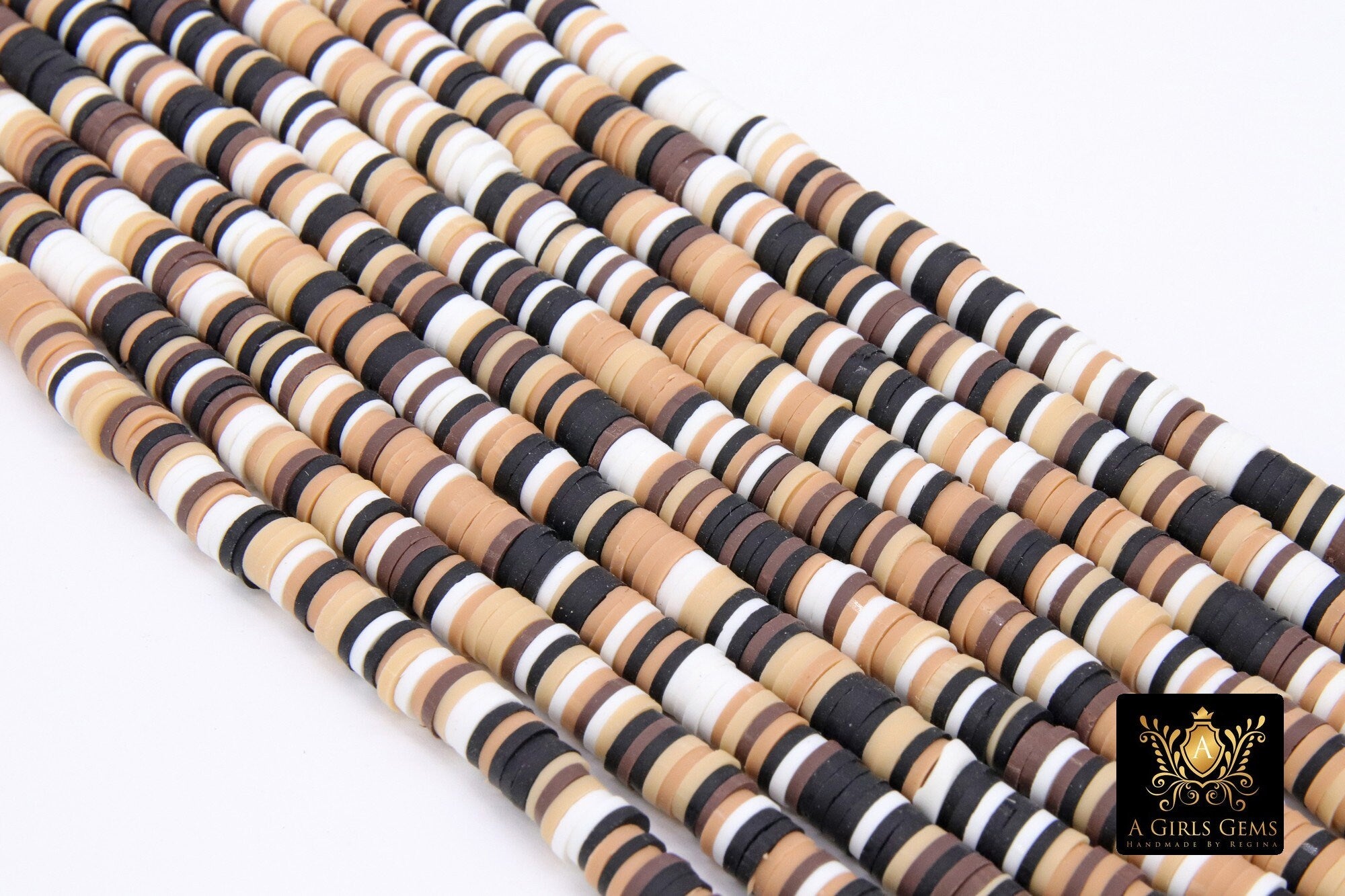 6 mm Clay Flat Beads, Black Tans Beige White Heishi Mix beads in Polymer Clay Disc CB #168, Rondelle Multi Color