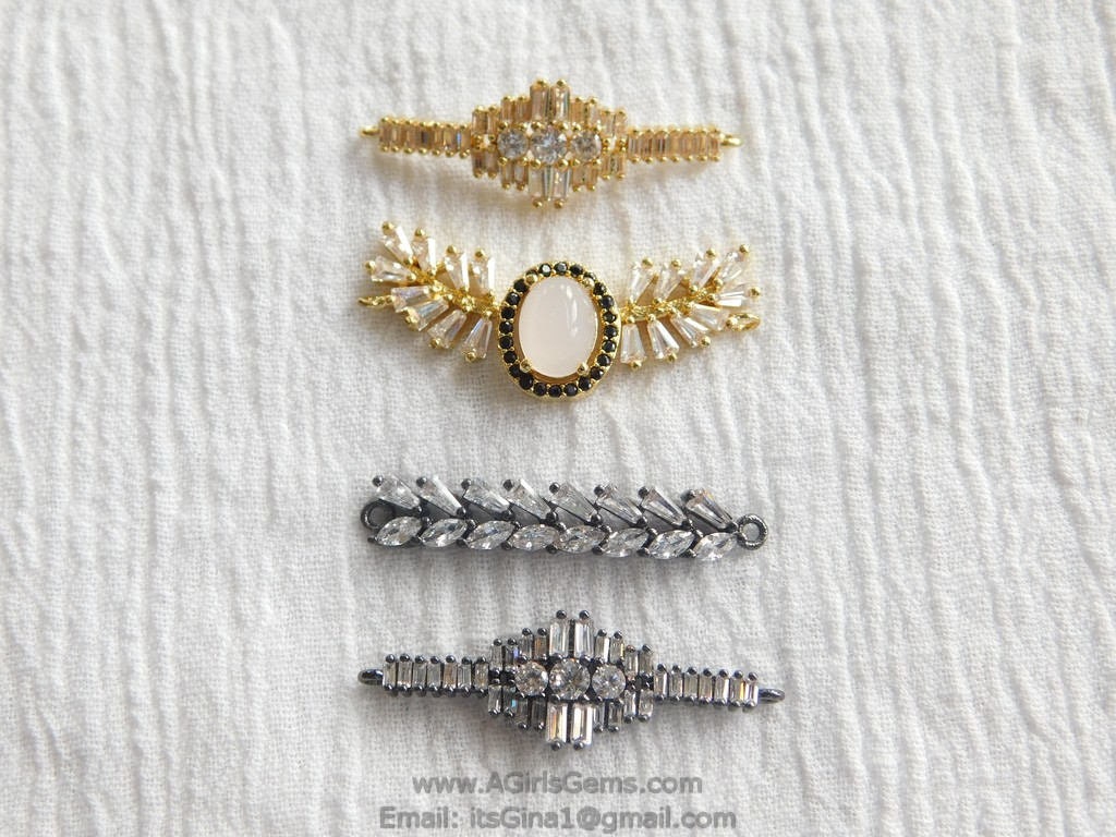 CZ Micro Pave Curved Bar Connectors, Diamond Shaped Bracelet and Necklace Links, Long Bar with Cross in Gold or Black