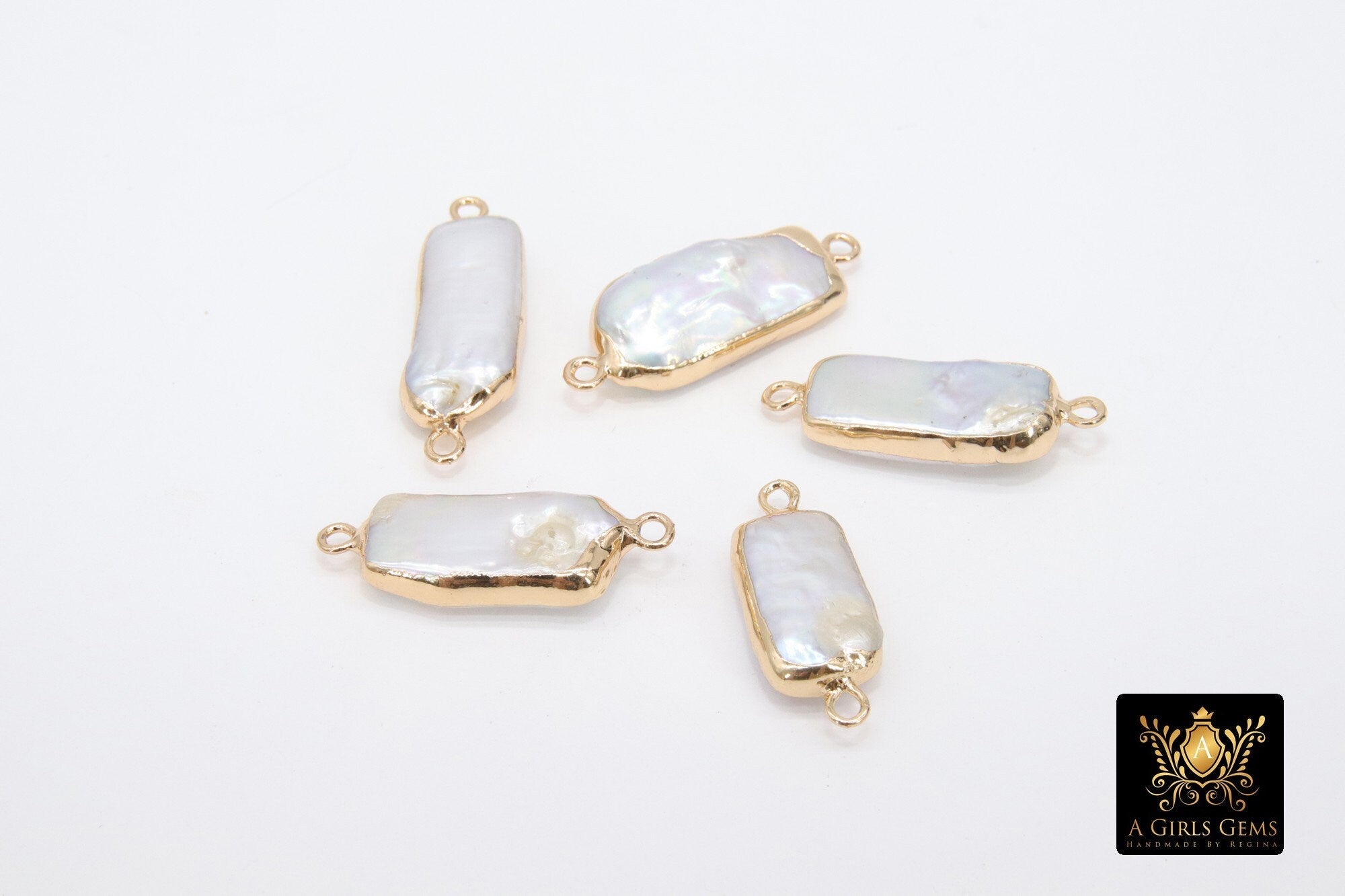 Freshwater Pearl Connectors, Gold Rectangle Two Loop White Charms #2625, Small Natural Shell Gold Edge Links