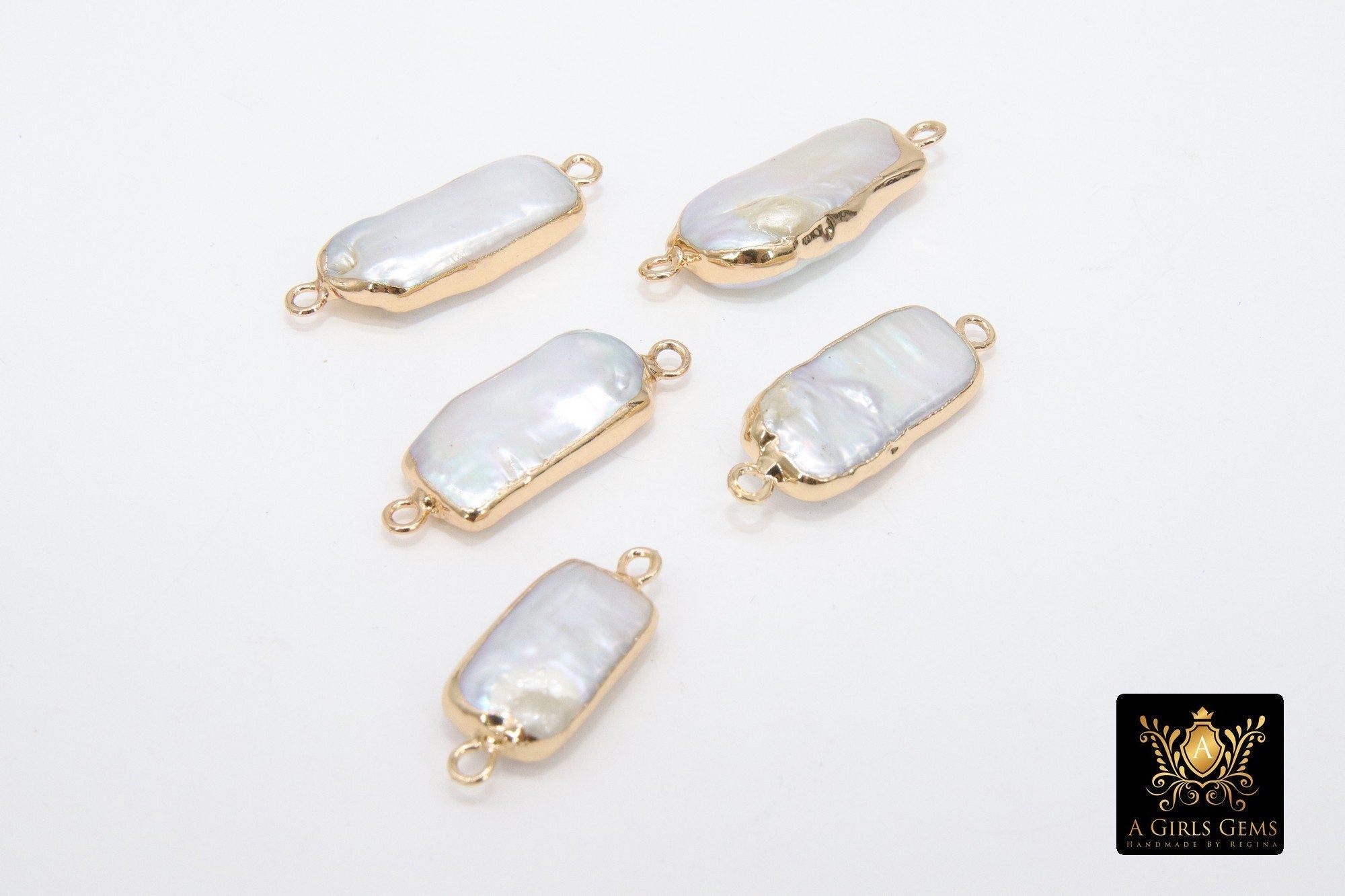 Freshwater Pearl Connectors, Gold Rectangle Two Loop White Charms #2625, Small Natural Shell Gold Edge Links
