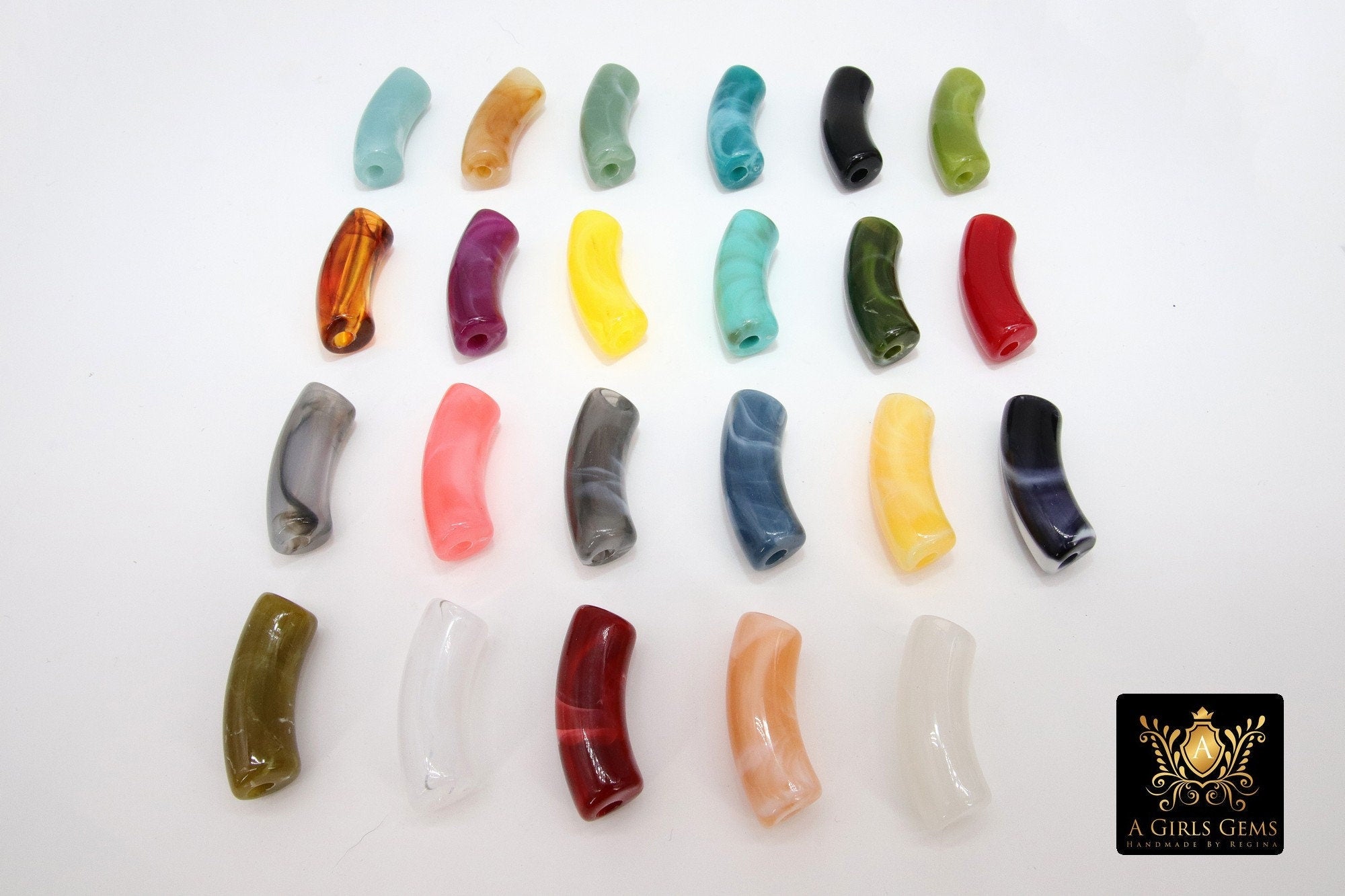 10 mm Marble Acrylic Curved Tube Beads, Large Hole Resin Bangle Tube Beads, Blue