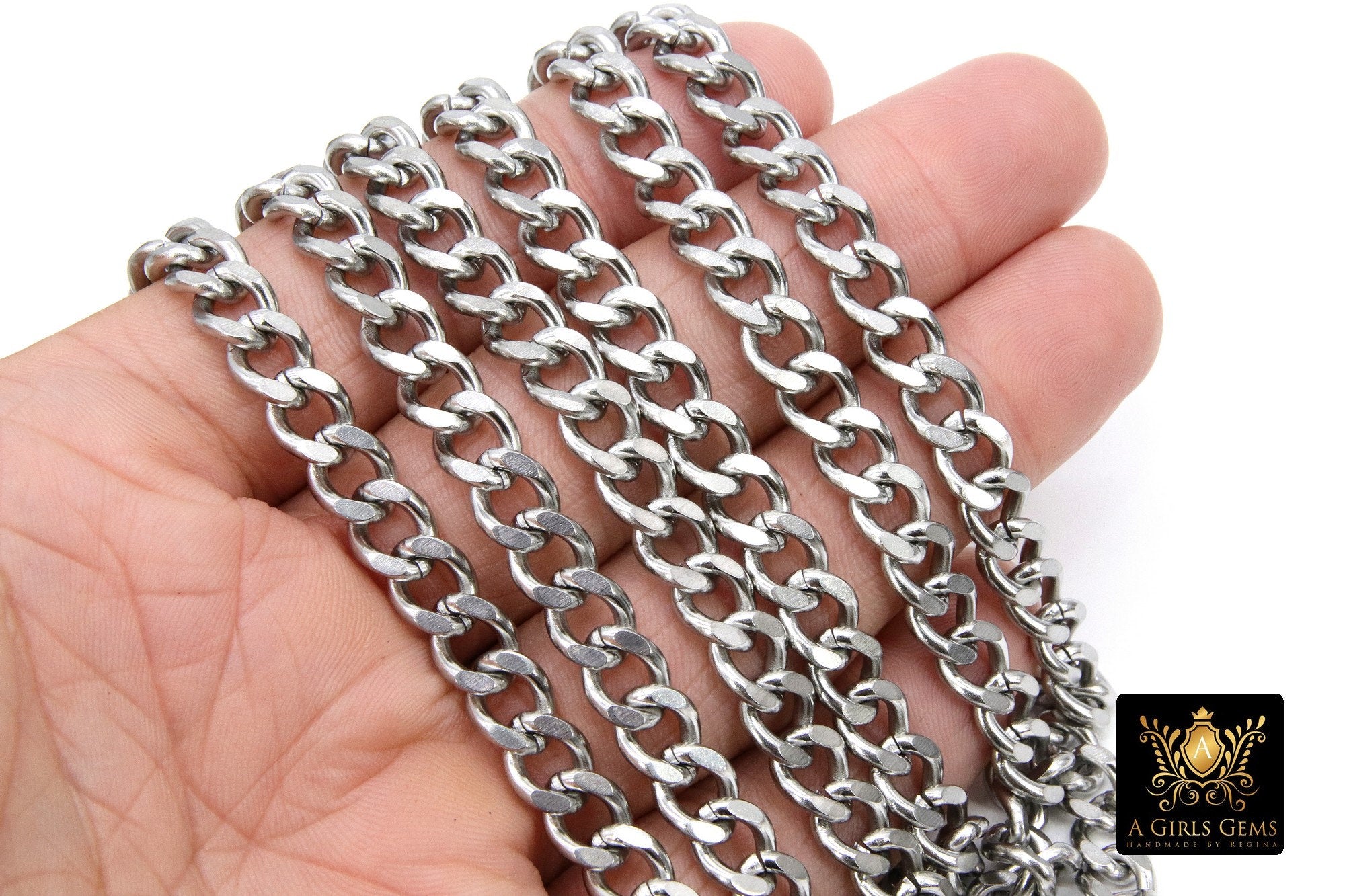 Gold Curb Chain, 304 Stainless Steel Large Heavy Flat 10 mm CH #209, Cuban Diamond Cut